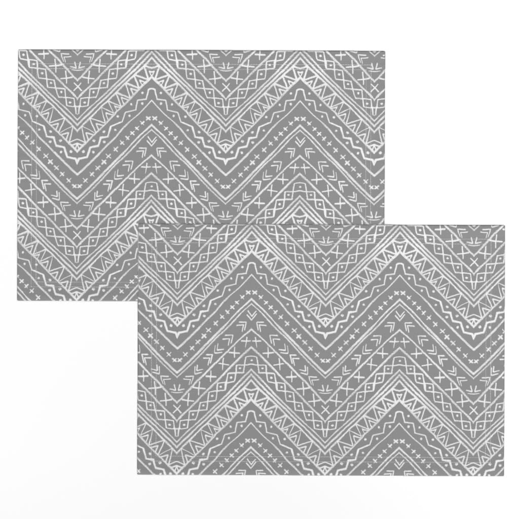 Premium Linen Cotton Canvas Placemats Set of 2 - Gray Tribal Chevron Print Washable Table Mats for Dining, Kitchen, and Party Decor