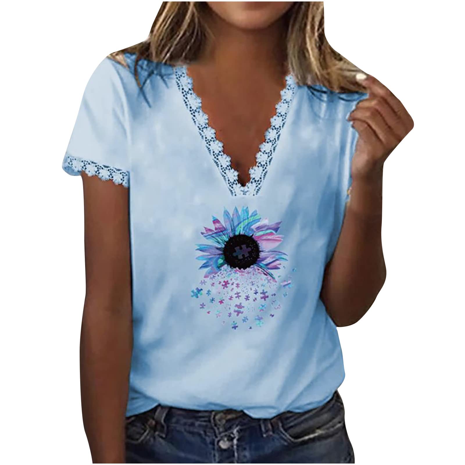 Stylish Women's Summer Tunic Tops - Short Sleeve V-Neck Graphic Tees & Fitted Blouses | Trendy Casual Pullover T-Shirts for Outfits, Beach & Everyday Wear