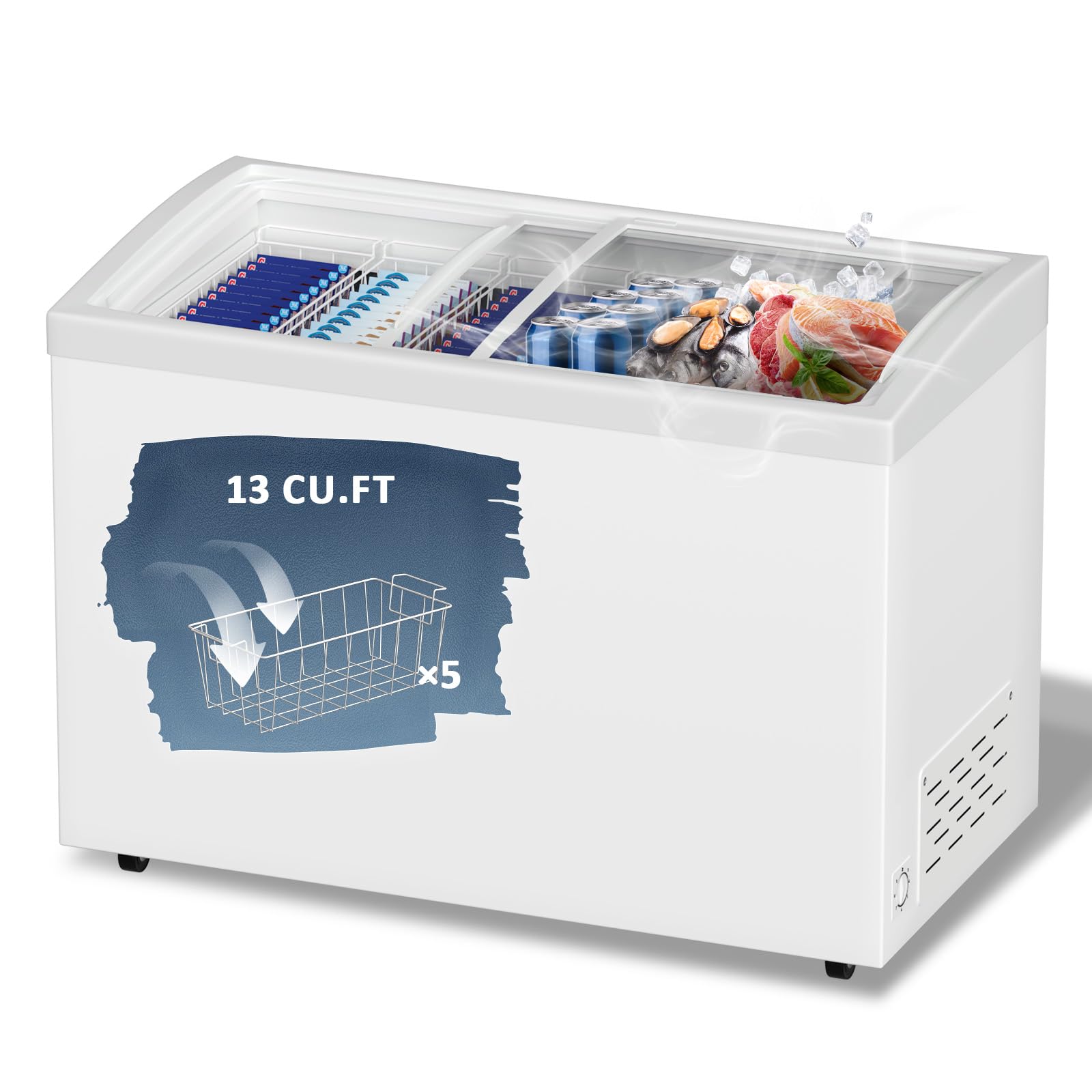 Chingoo 13 Cu.Ft Commercial Ice Cream Freezer Display Case - Adjustable Thermostat (-13℉ to 14℉) with Glass Sliding Lid & 5 Storage Baskets - Large Capacity Deep Freezer for Ice Cream Shop, Bakery, Restaurant, or Commercial Kitchen - White