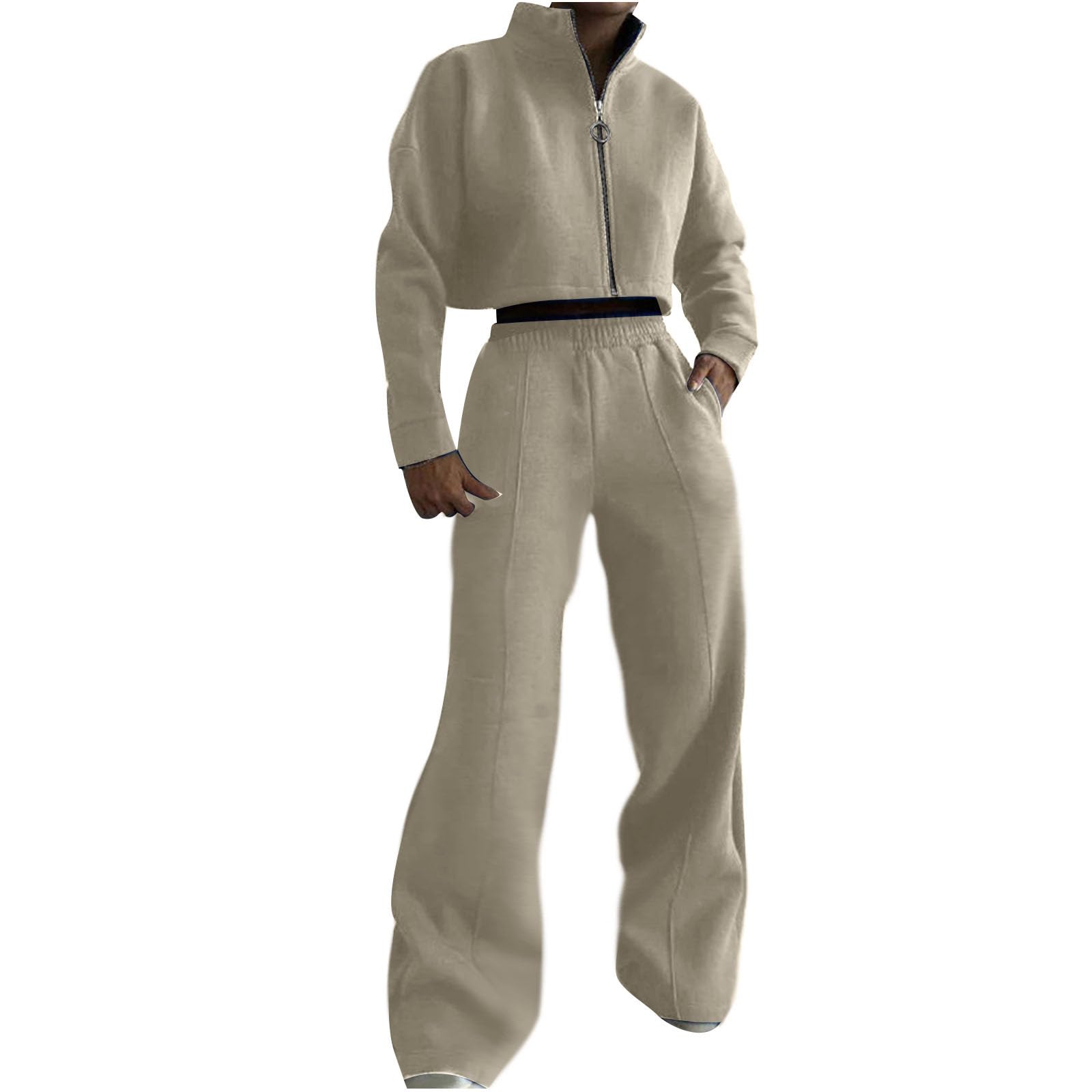 Women's 2-Piece Sweatsuit Set - Cropped Zip Up Hoodie & Lounge Palazzo Pants | Trendy Travel Outfit, Casual Streetwear, Gym & Yoga Wear, Home Loungewear