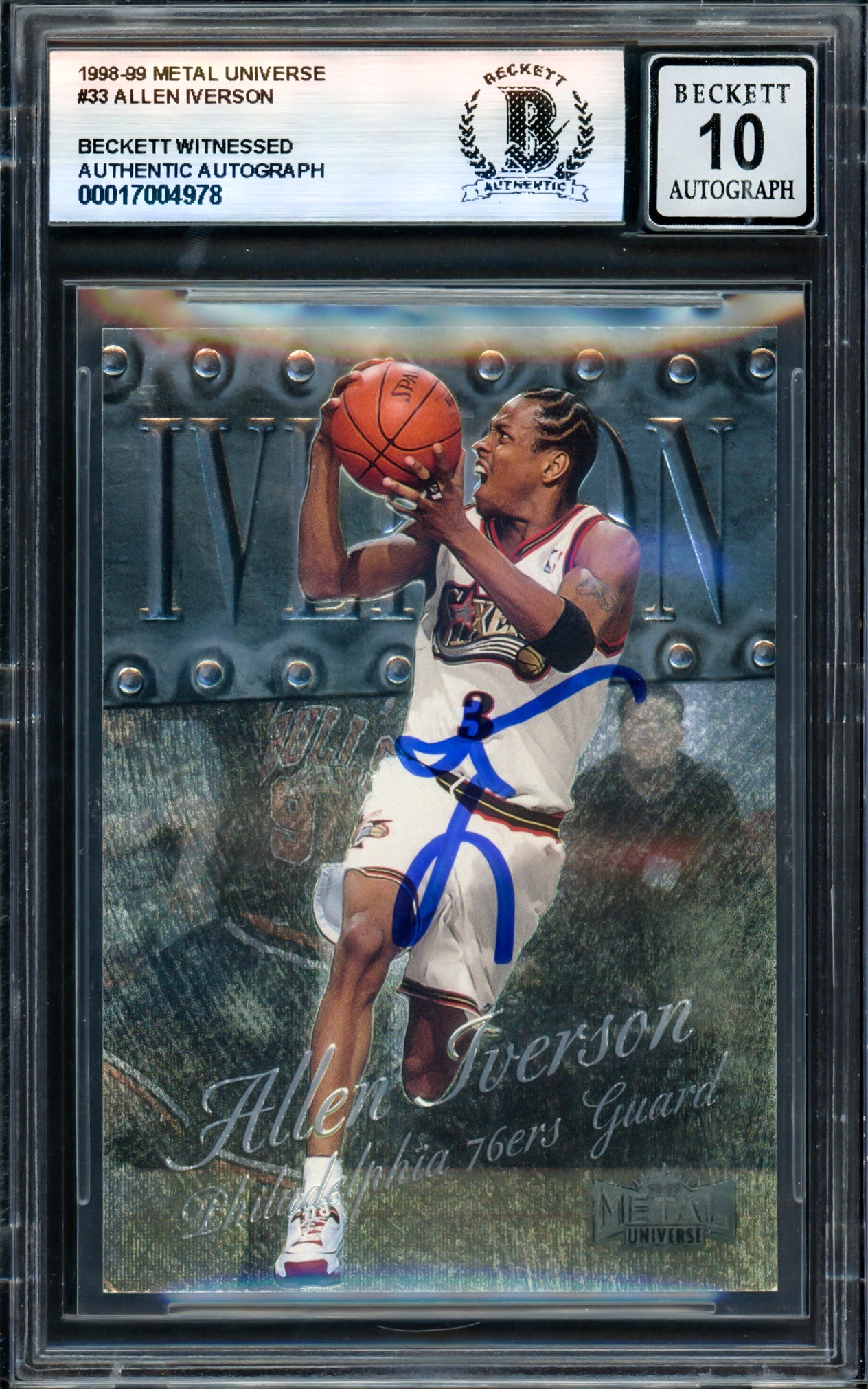 Allen Iverson Autographed 1998-99 Metal Universe Basketball Card #33 - Philadelphia 76ers - Beckett BAS Gem Mint 10 Grade - Witness #17004978 - Perfect for NBA Memorabilia Collections & Sports Fan Gifts