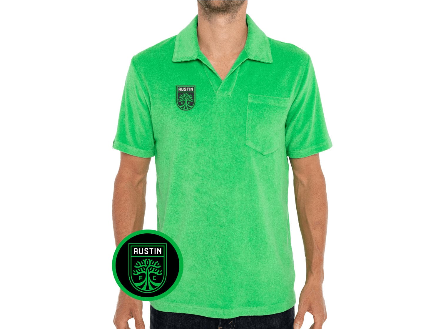 Austin FC Terry Cloth Polo Shirt with Embroidered Badge in Bright Verde - Perfect for Soccer Games & Casual Wear