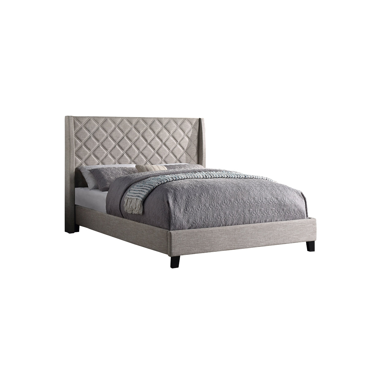 Beige Diamond Quilted King Size Upholstered Platform Bed Frame - Luxurious Bedroom Furniture for Master Suite or Guest Room