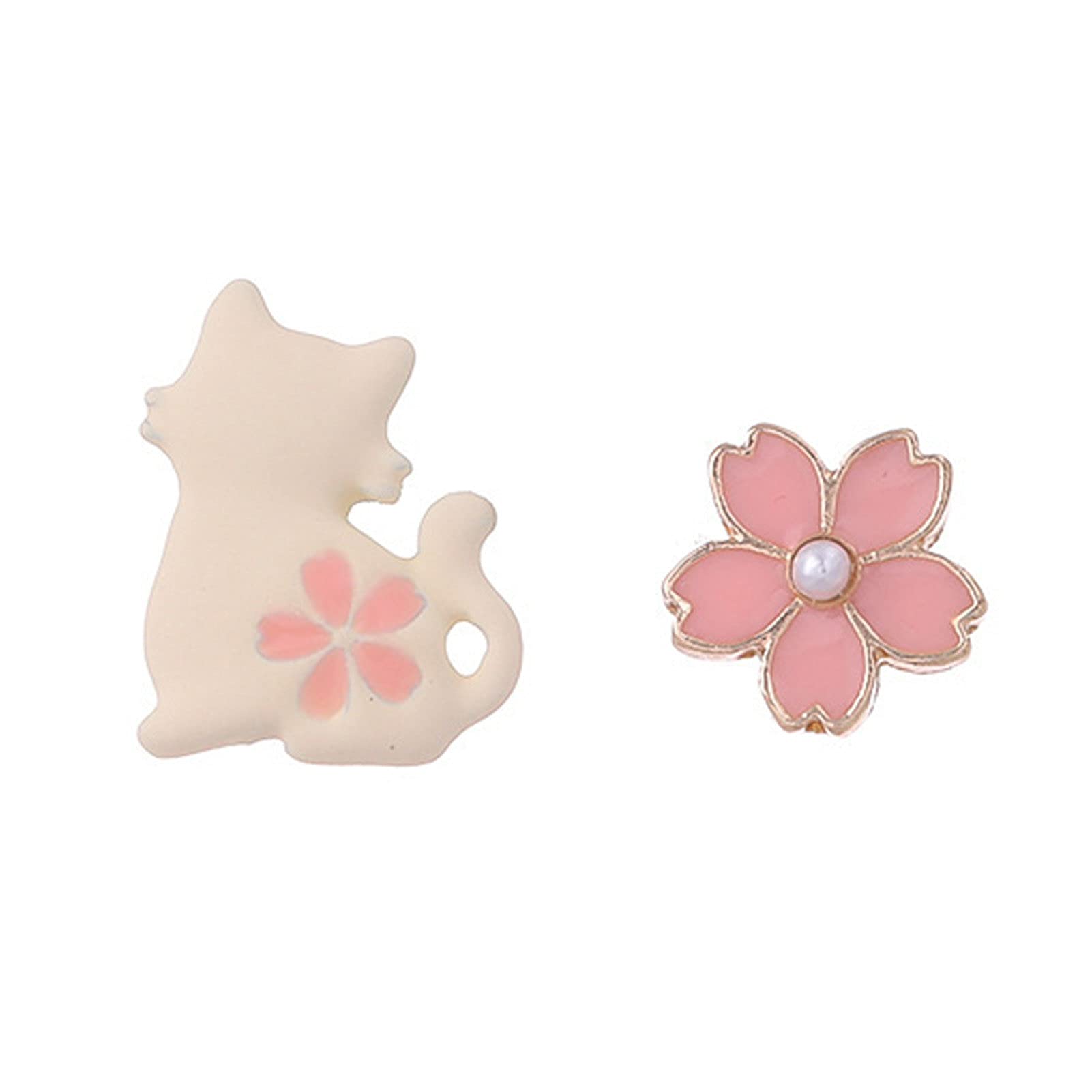 Hislaves Fashion Earrings for Women - 1 Pair White Cat & Pink Flower Asymmetric Stud Earrings with Alloy & Faux Pearl | Trendy Jewelry Accessories for Girls & Women | Perfect for Parties, Dating & Daily Wear