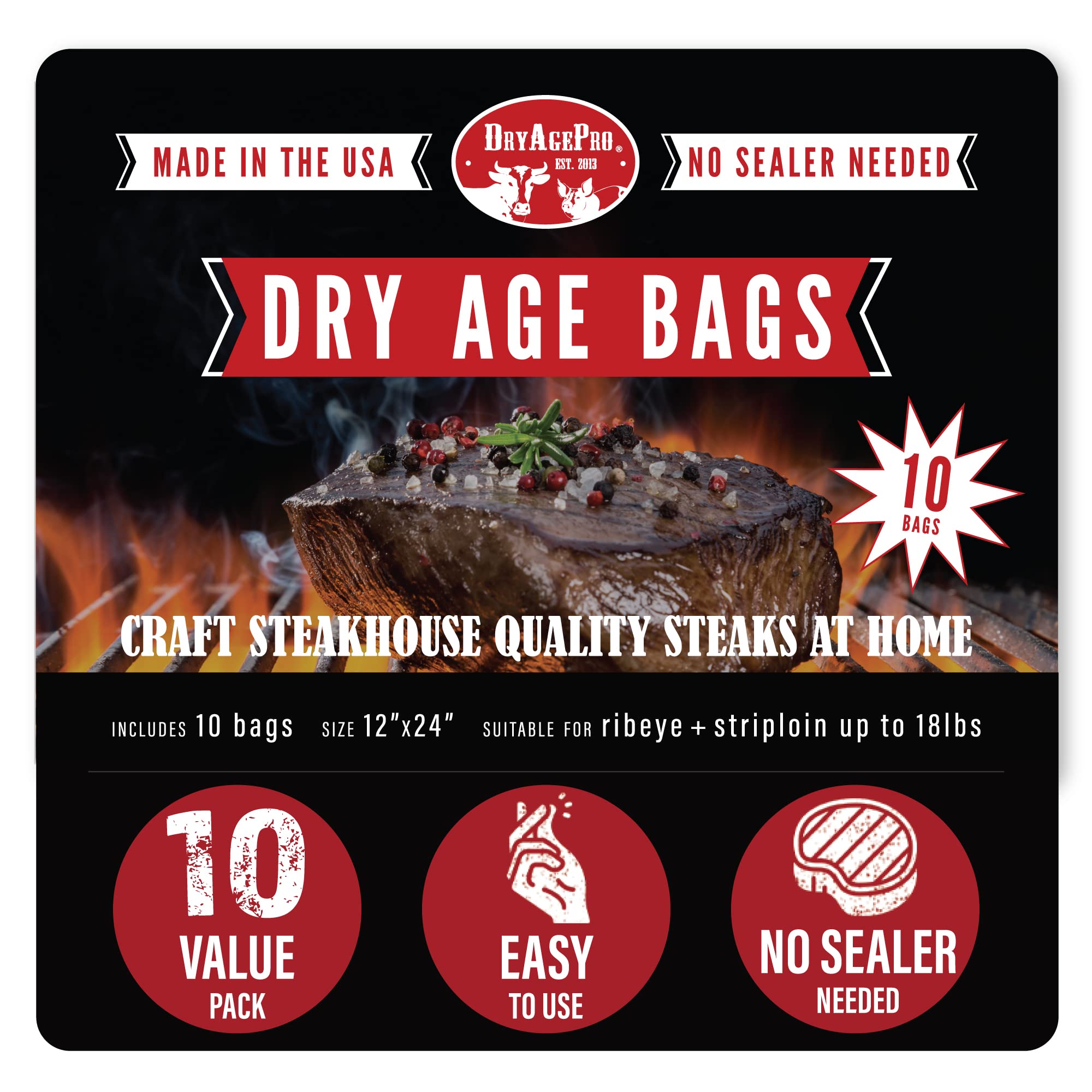 DryAgePro® Dry Age Bags for Meat - 12” x 24” Steak Aging Kit (Pack of 10) | No Vacuum Sealer Needed | Perfect for Ribeye, Striploin & Beef Cuts up to 18 lbs | Home Kitchen & Restaurant Use | Tender & Flavorful Dry-Aged Steaks