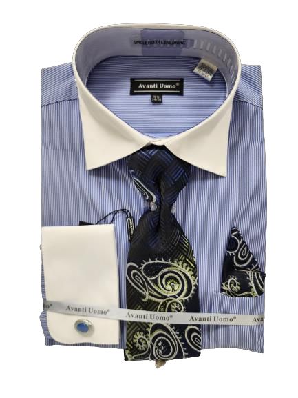 Avanti Uomo Men's Micro Stripe Dress Shirt with White Collar & Cuff - Classic Blue DN129M | Formal Office Wear & Business Attire