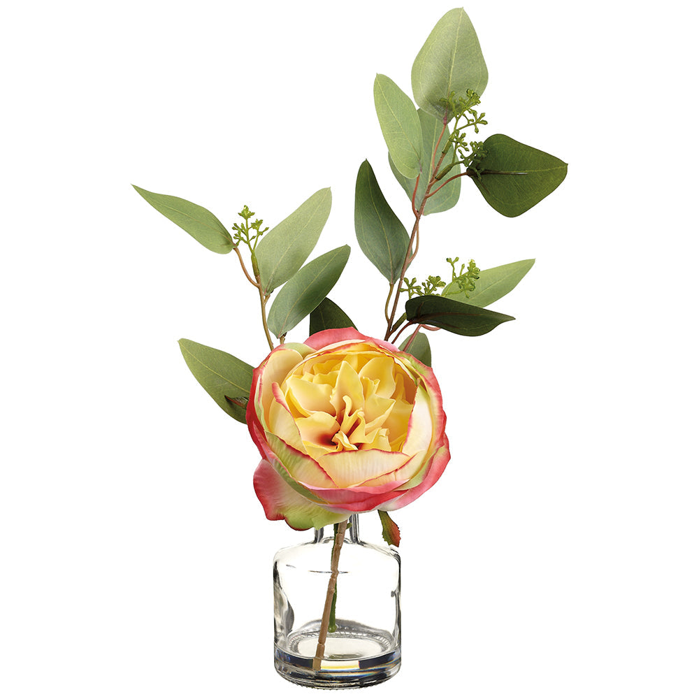 12-Piece Pink & Yellow Rose Eucalyptus Silk Flower Bouquet with Glass Vase - Artificial Floral Centerpiece for Wedding, Home Decor, Office Desk, and Party Arrangements (Pack of 6)