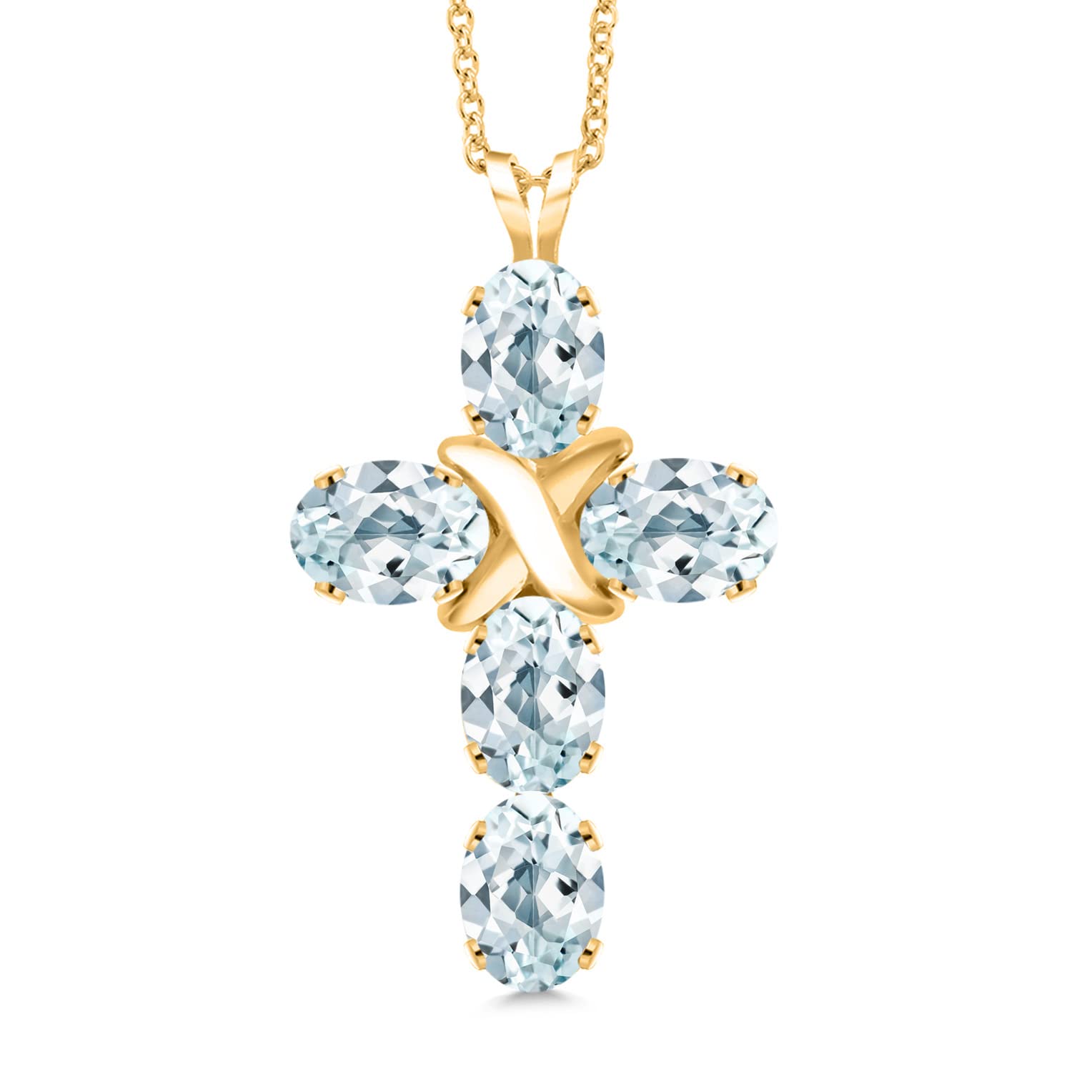 Gem Stone King 6x4mm Oval Birthstone Cross Necklace for Women - 18K Yellow Gold Plated Silver Christian Crucifix Pendant with 18 Inch Chain | Perfect for Baptism, Confirmation & Religious Gifts
