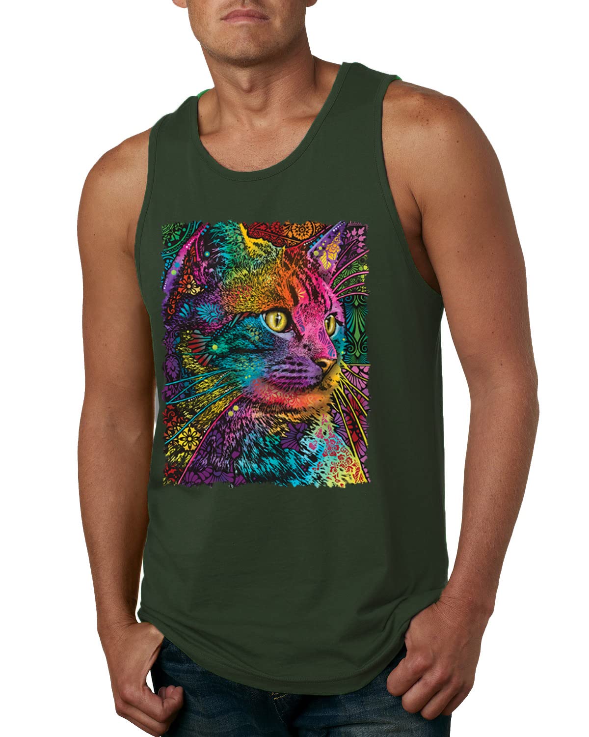 Dean Russo Art Cat Lover Graphic Tank Top for Men - Colorful Cat Portrait Design - Perfect Gift for Cat Owners & Pet Lovers - Casual Wear, Summer Outfits, Cat-Themed Parties