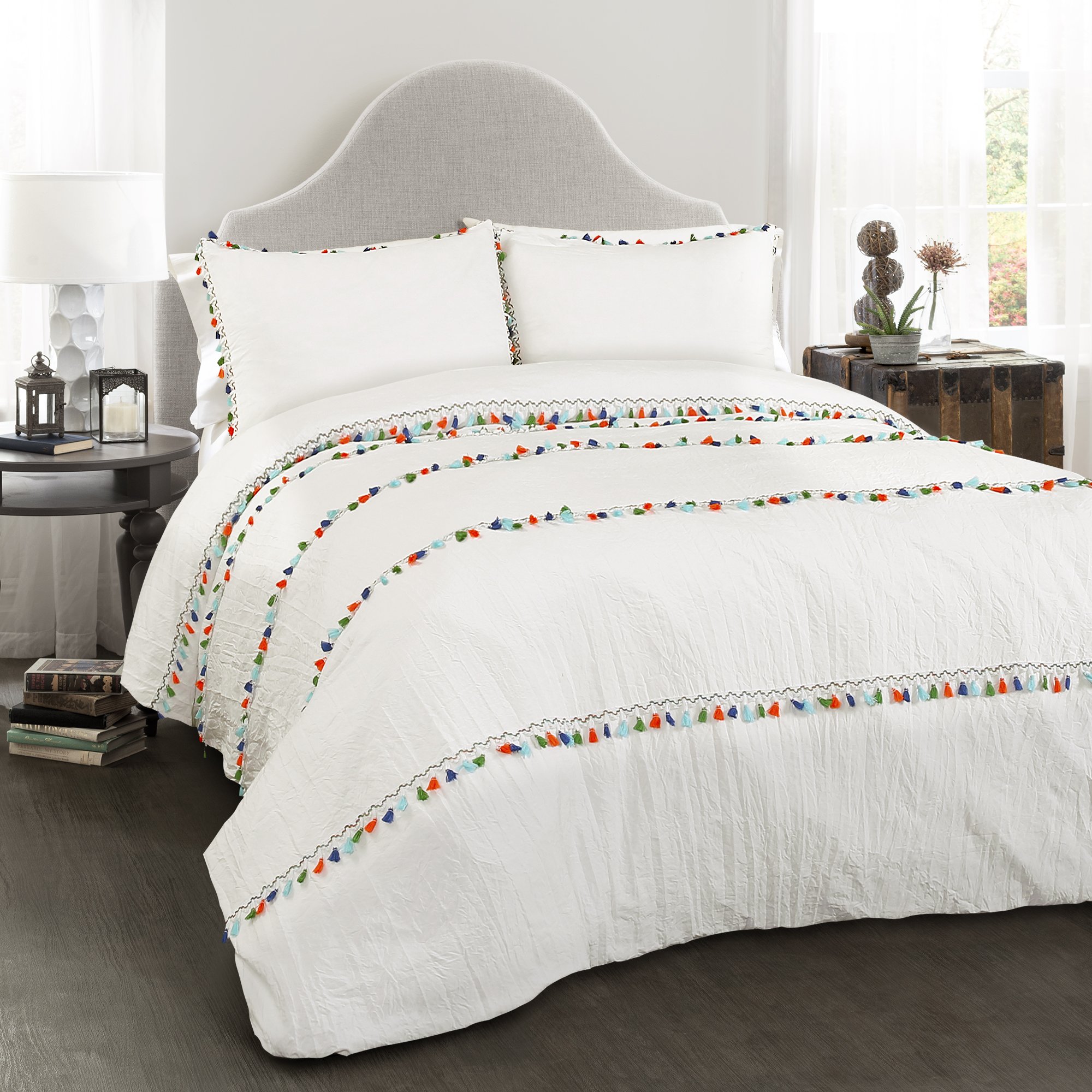 Lush Decor Full Queen White Boho Tassel Comforter Set - 3 Piece Bohemian Style Bedding with Pillow Shams for Master Bedroom, Guest Room & Dorm Decor