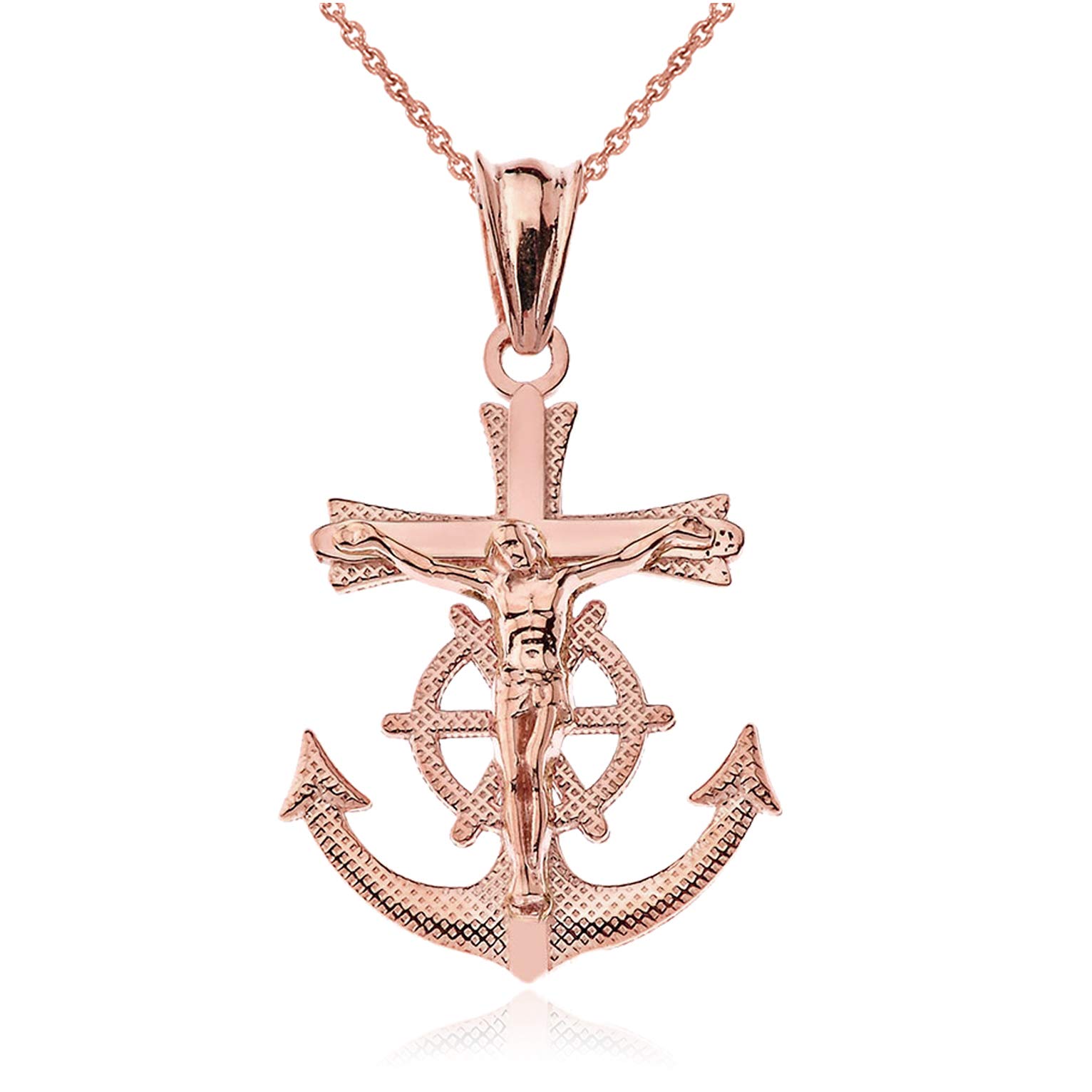 14K Rose Gold Mariner Crucifix Cross Charm Necklace for Women - Religious Jewelry Gift for Baptism, Confirmation & Everyday Wear - LA BLINGZ