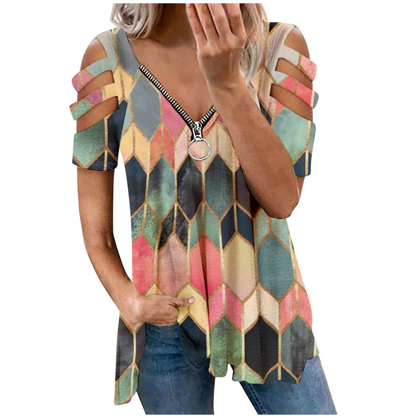 Women's Summer Short Sleeve V-Neck Tunic Top with Cold Shoulder & Zipper Detail - Casual Fashion T-Shirt for Beach, Party, and Everyday Wear