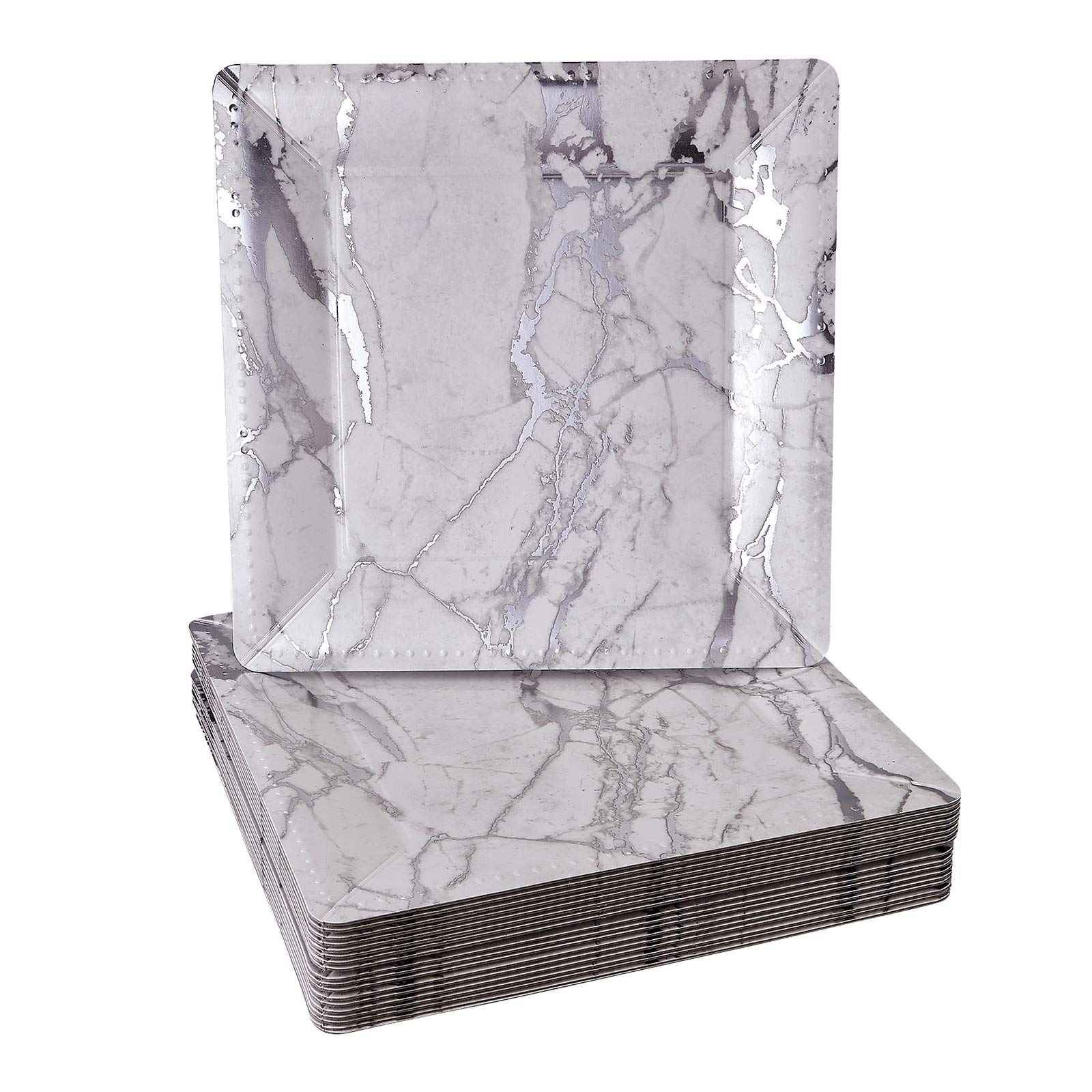 40-Pack Disposable Square Charger Plates - Elegant Marble & Silver Design for Weddings, Parties, and Special Events