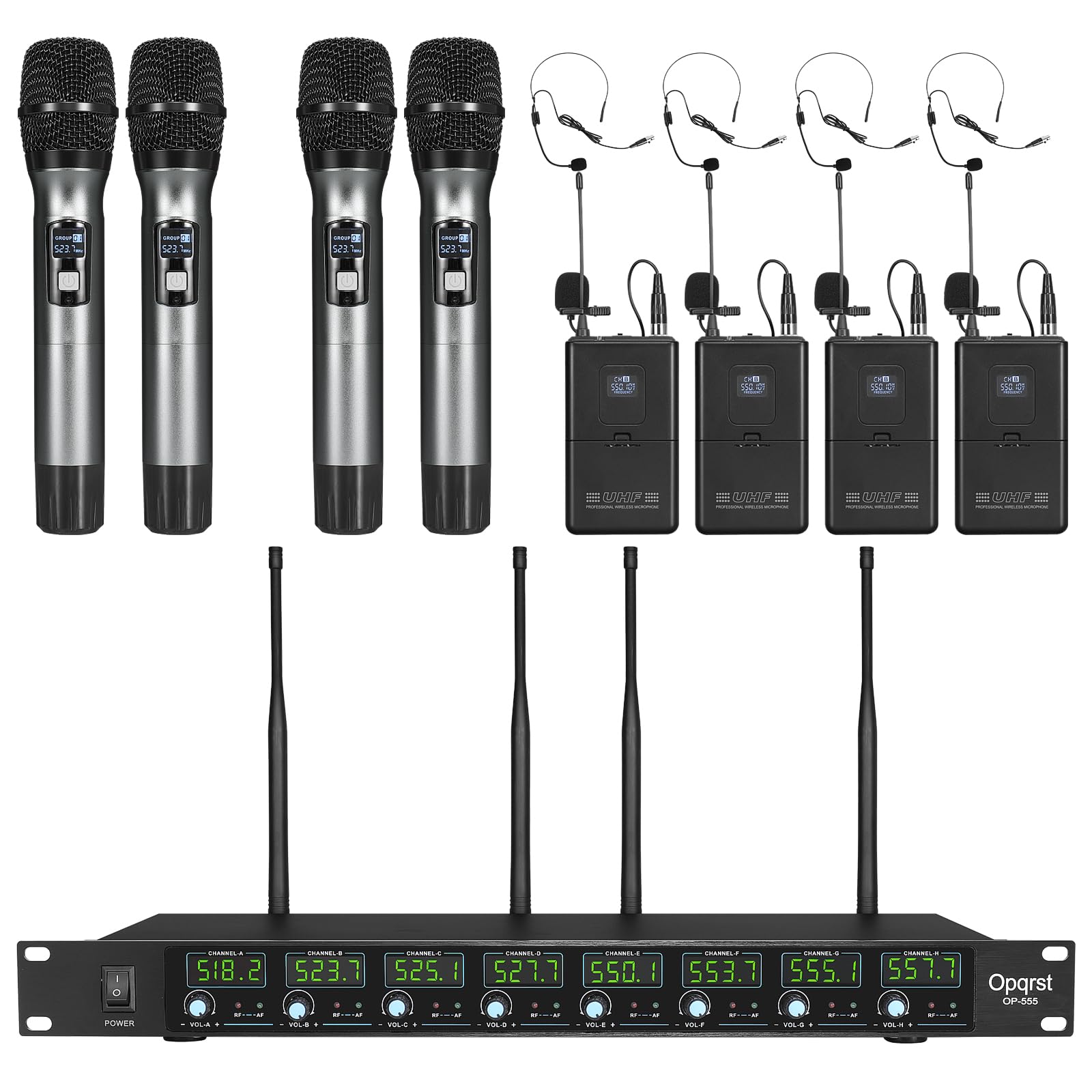 8 Channel UHF Wireless Microphone System - 4 Handheld & 4 Bodypack Mics with Headset & Lapel - Fixed Frequency Metal Cordless Mic for Church, Singing, DJ, Wedding, Party, KTV - Perfect for Live Performances, Events & Professional Audio Setups