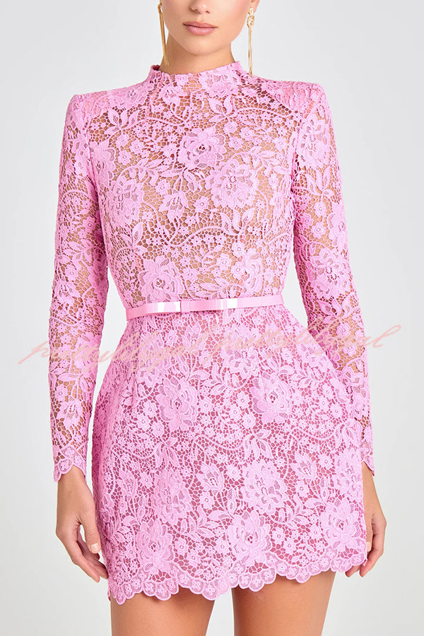 Elegant Champagne Toast Floral Lace Long Sleeve Bow Belted Mini Dress for Women | Perfect for Cocktail Parties, Weddings & Date Nights
