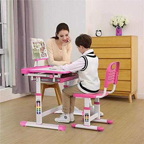 Adjustable Height Kids Study Desk and Chair Set - Ergonomic Writing Table for Students (Pink) - Perfect for Homework, Online Learning & Small Spaces