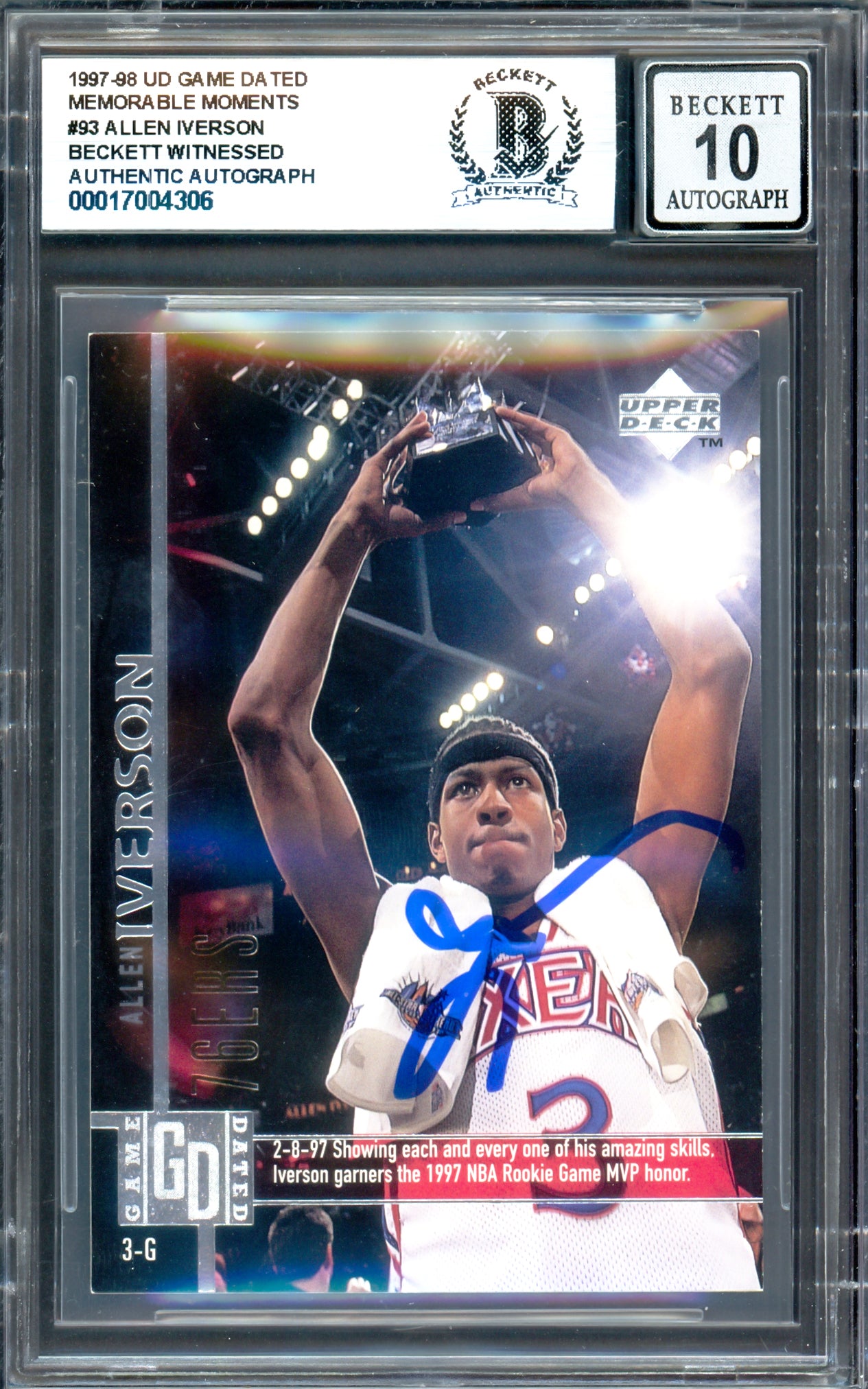 Allen Iverson Autographed 1997-98 Upper Deck Game Dated Memorable Moments #93 Card - Philadelphia 76ers - Beckett BAS Gem Mint 10 - Rare Collectible Basketball Memorabilia for Fans & Investors