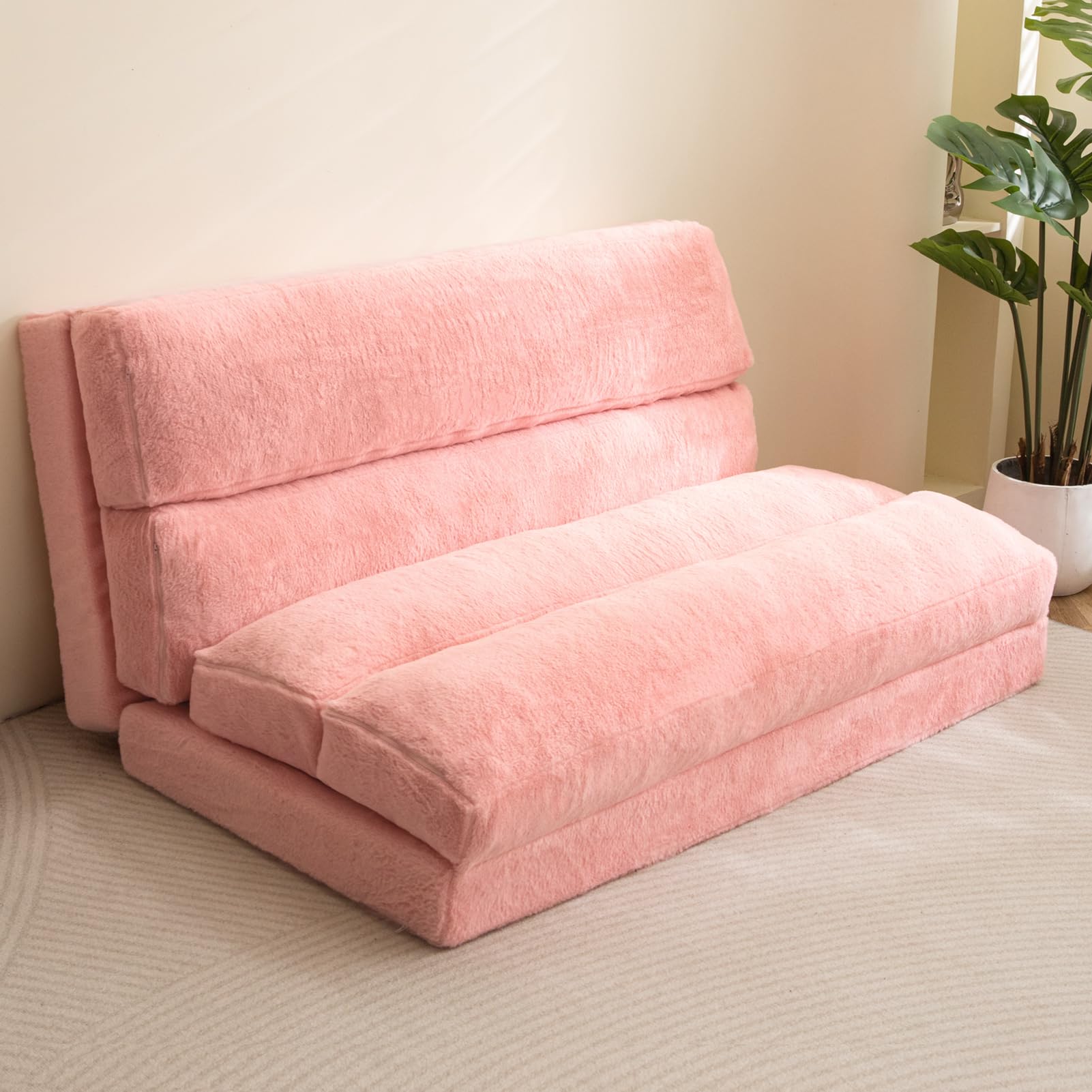 MAXYOYO Extra Wide Bean Bag Bed - Foldable Sofa Bed & Floor Mattress for Adults & Kids, Pink Floor Couch - Perfect for Living Room, Bedroom, Dorm & Lounge Relaxation