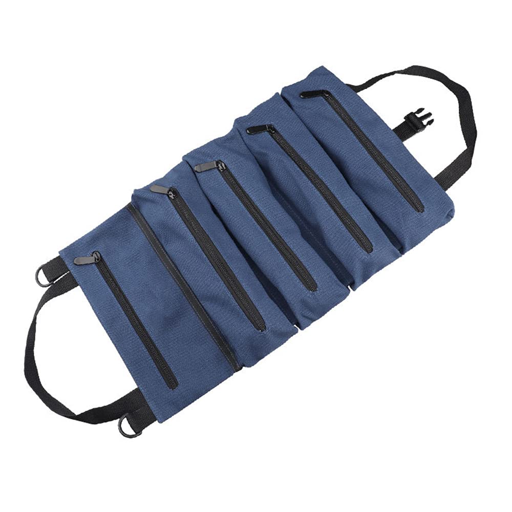 Maizoon Heavy Duty Tool Roll Up Bag with 5 Zipper Pockets - Multi-Purpose Back Seat Organizer & Hanging Tool Carrier Tote for Mechanics, Electricians, DIY Enthusiasts - UH05 Blue - Perfect for Car, Garage, Workshop & Job Site Organization