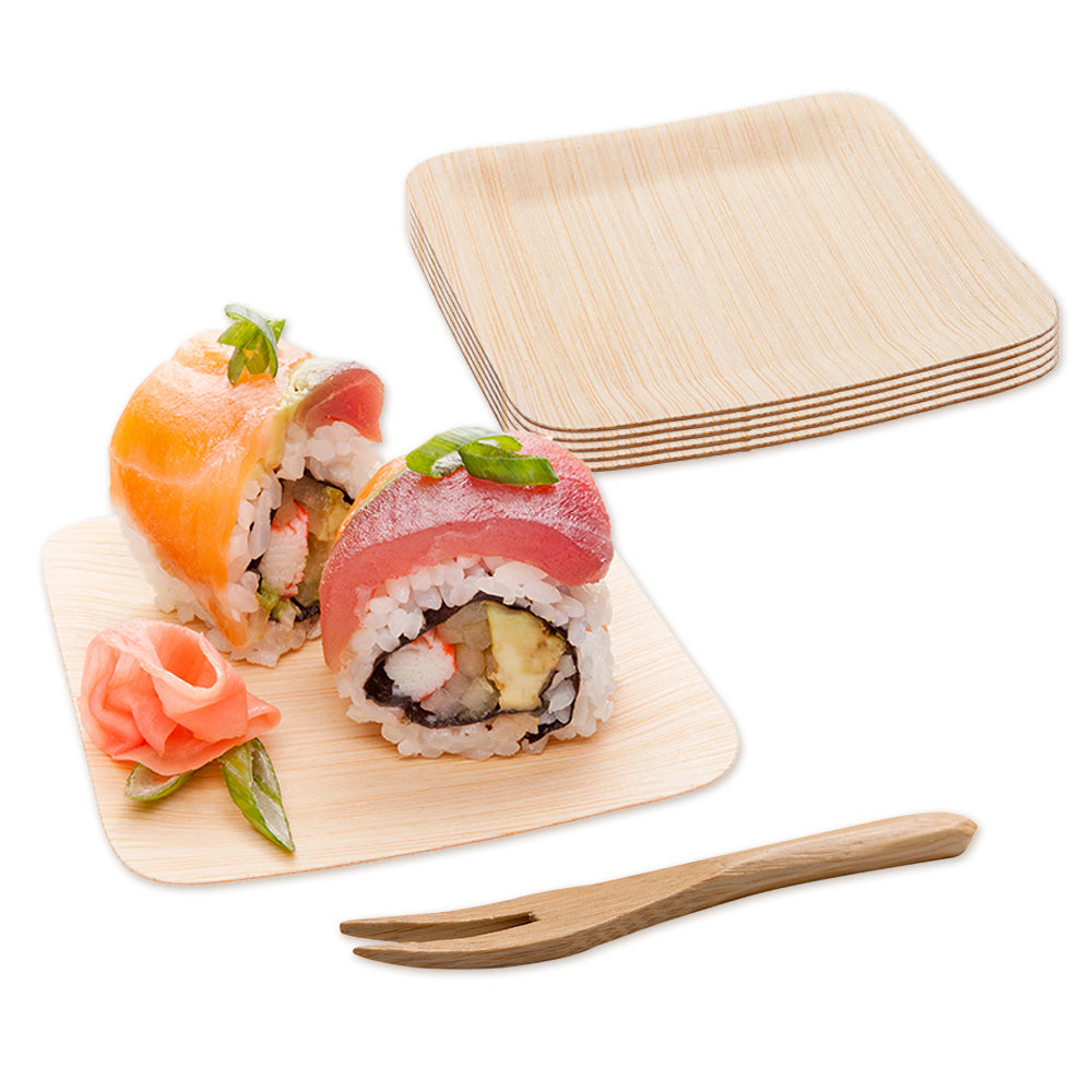 100-Piece Natural Bamboo Veneer Plates & Mini Forks Set - Eco-Friendly 3.5