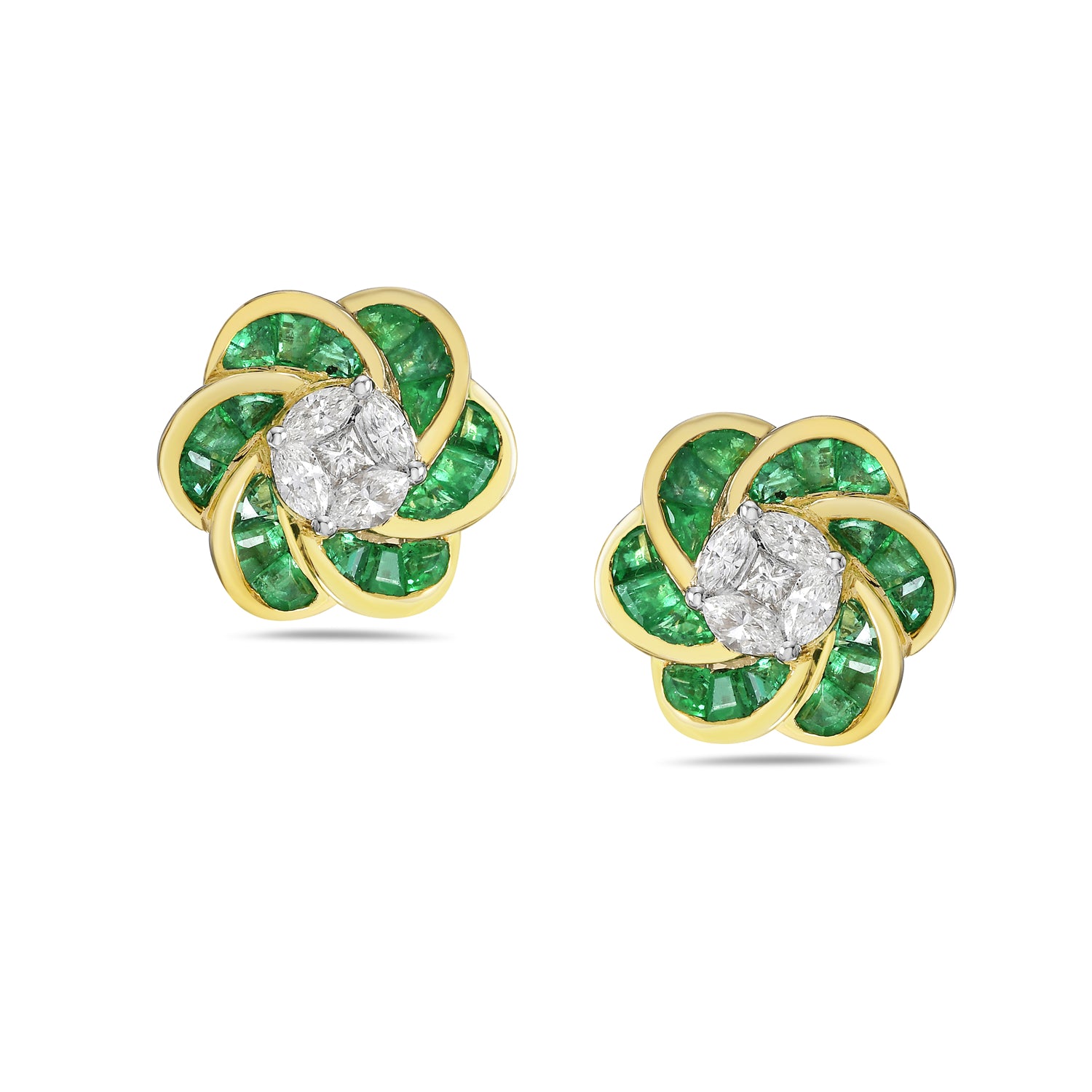 18K Yellow Gold Marquise Diamond Channel Set Emerald Daisy Earrings for Women - Elegant Bridal Jewelry, Anniversary Gift & Special Occasion Accessories