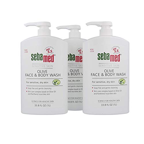 Sebamed pH 5.5 Ultra Mild Olive Face & Body Wash for Sensitive Skin - Dermatologist Recommended Cleanser with Pump - 33.8 fl oz (1 Liter) 3-Pack - Gentle Daily Shower & Bath for Babies, Kids & Adults