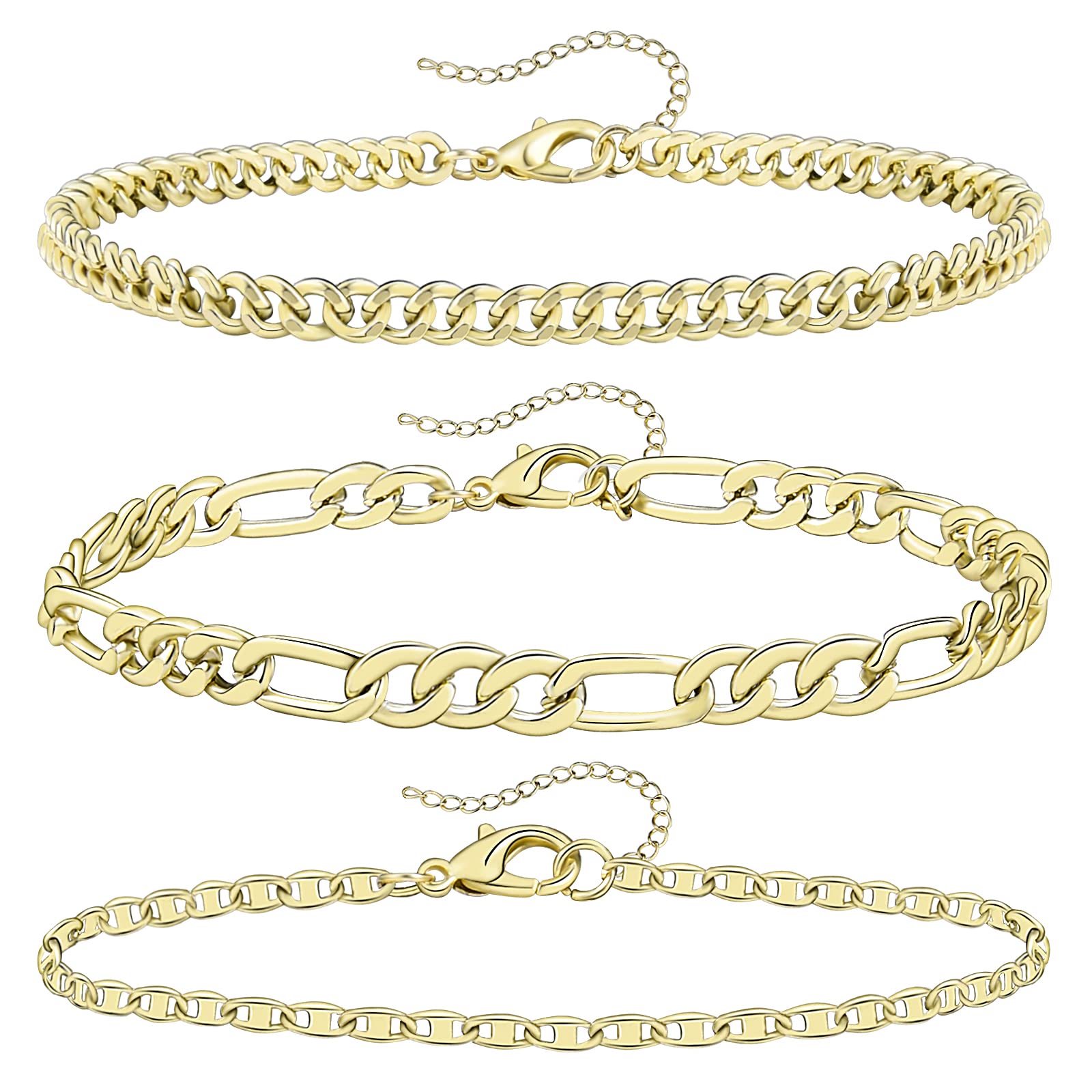 UTTMO 3Pcs Gold Plated Adjustable Ankle Bracelets for Women - Layered Snake & Paperclip Link Chain Anklet Set with Cubic Zirconia | Perfect for Beach, Wedding & Summer Outfits