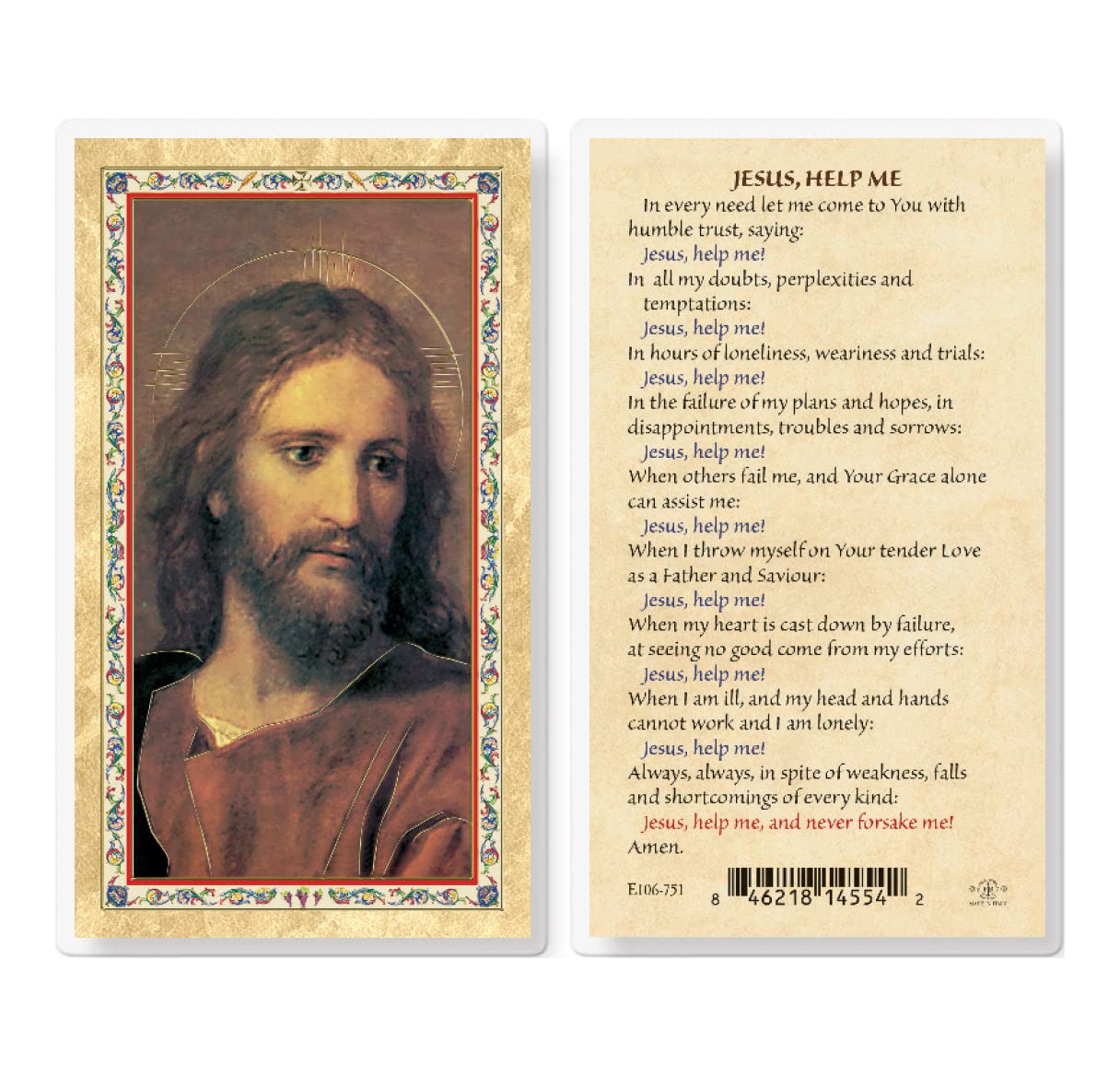 Jesus Help Me - Gold Stamped Catholic Prayer Card with Christ Image & Prayer on Back (Pack of 25) - Perfect for Worship, Bible Study & Religious Gifts