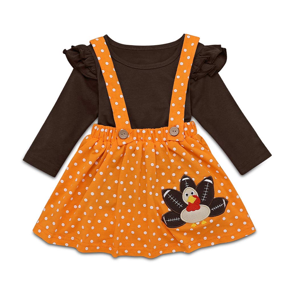 Baby Girls Thanksgiving Outfits - Cute Toddler Skirt Set with Turkey Shirt & Suspenders | Holiday Photoshoot, Family Gathering & Seasonal Dressing