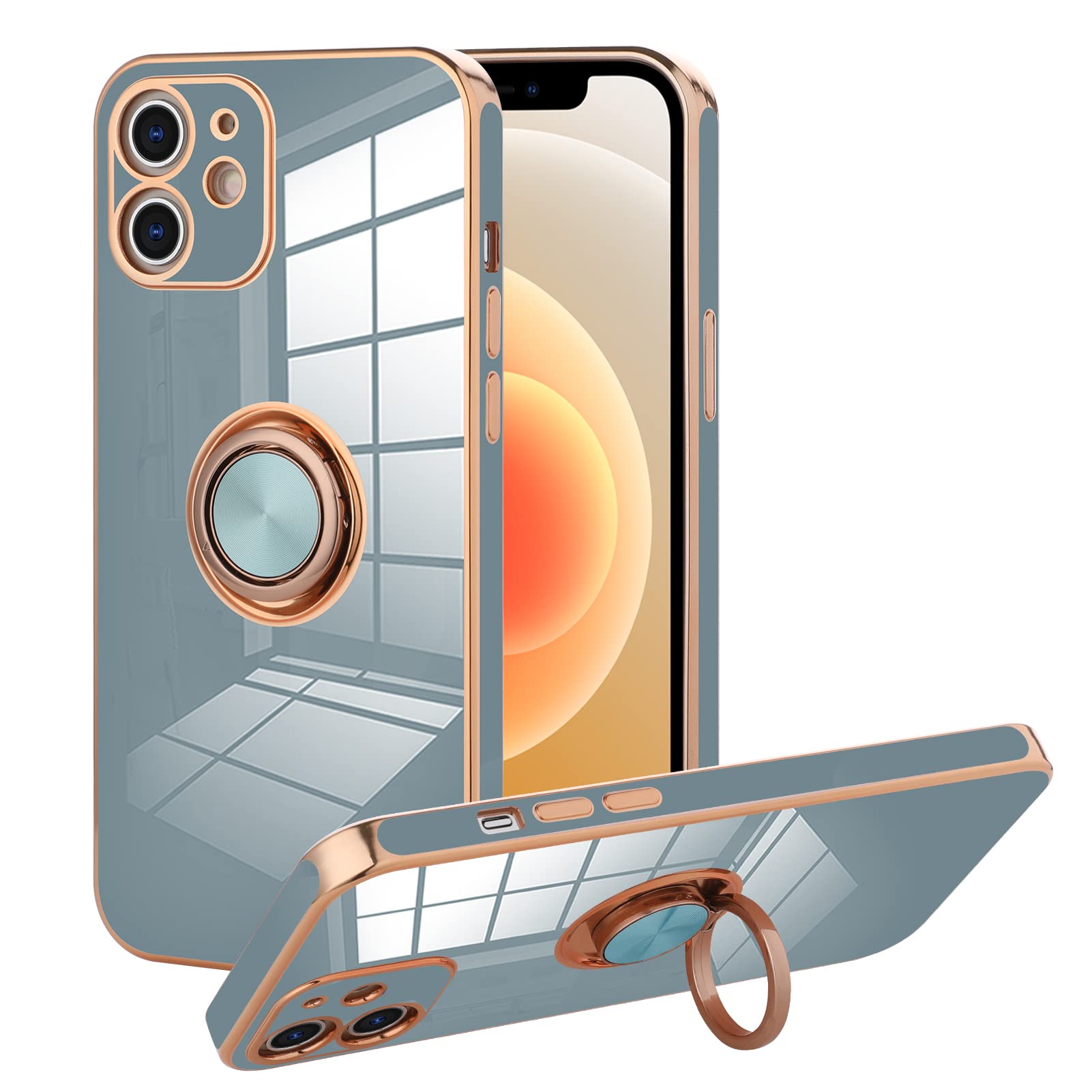 Magnetic Ring Kickstand iPhone 12 Case for Women - 6.1 Inch Shockproof Protective Cover with 360° Rotating Holder, Slim Soft Bumper (Blue Grey) - Perfect for Work, Travel & Everyday Use