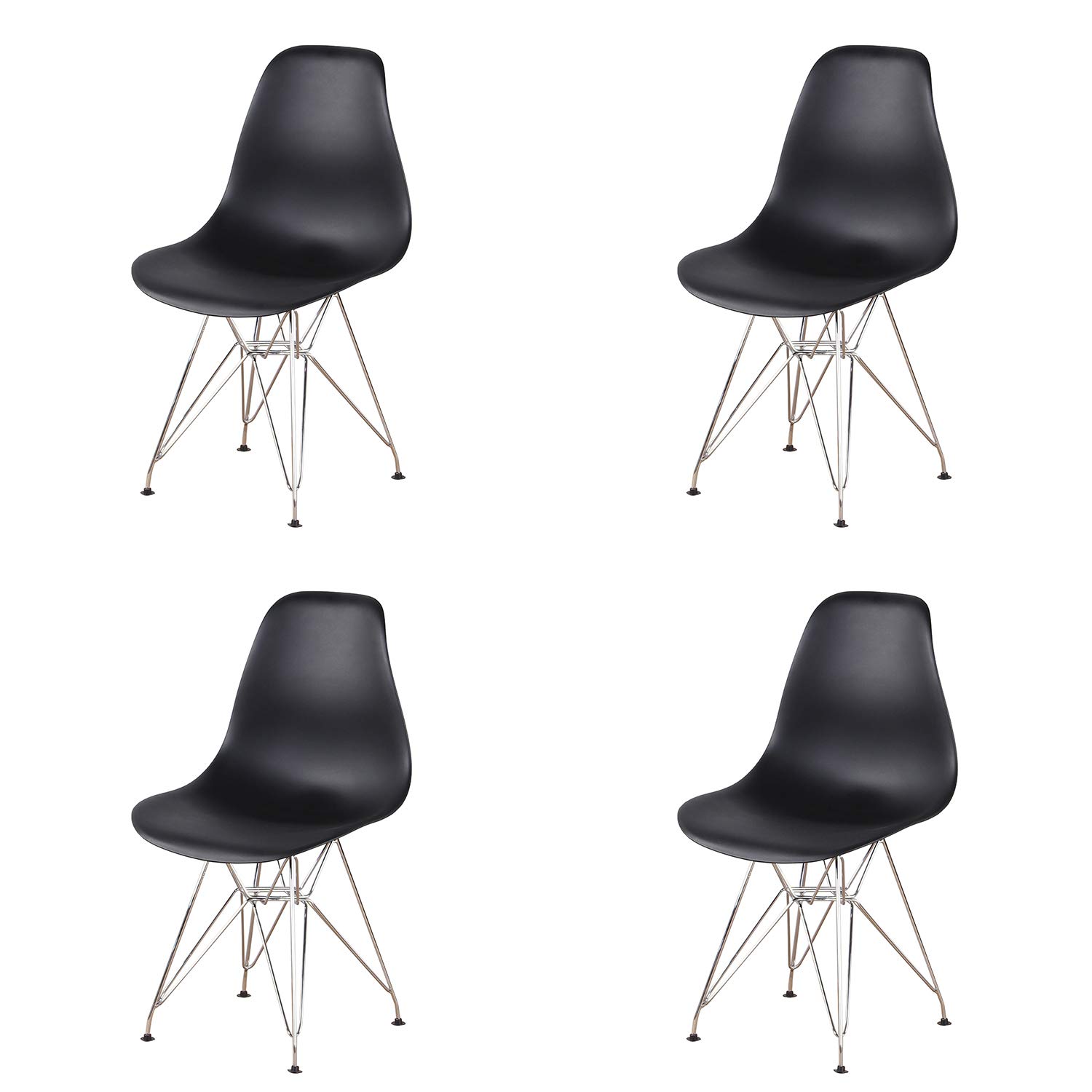 Set of 4 Modern Nordic Style Dining Chairs with Chrome Metal Legs - Black Contemporary Design for Living Room, Office, Study & Bedroom - Perfect for Home Dining, Working & Relaxing