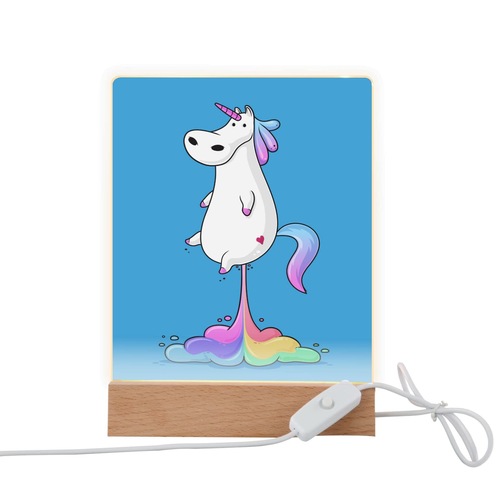 Funny Unicorn Rainbow Farting LED Night Light with Wooden Base & USB Cable - Cute Acrylic Photo Lamp for Kids Room, Nursery Decor & Birthday Gifts