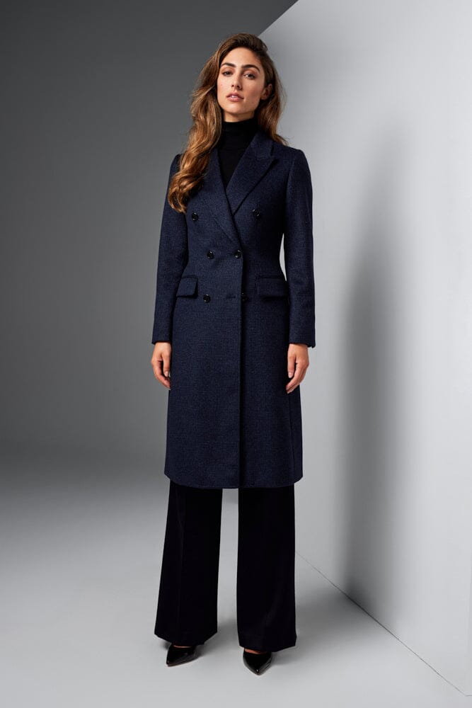 Loren Coat - Navy and Black Mini Houndstooth Wool Blazer for Women | Classic Office Wear & Fall Winter Fashion Jacket | Perfect for Business, Work, and Formal Occasions