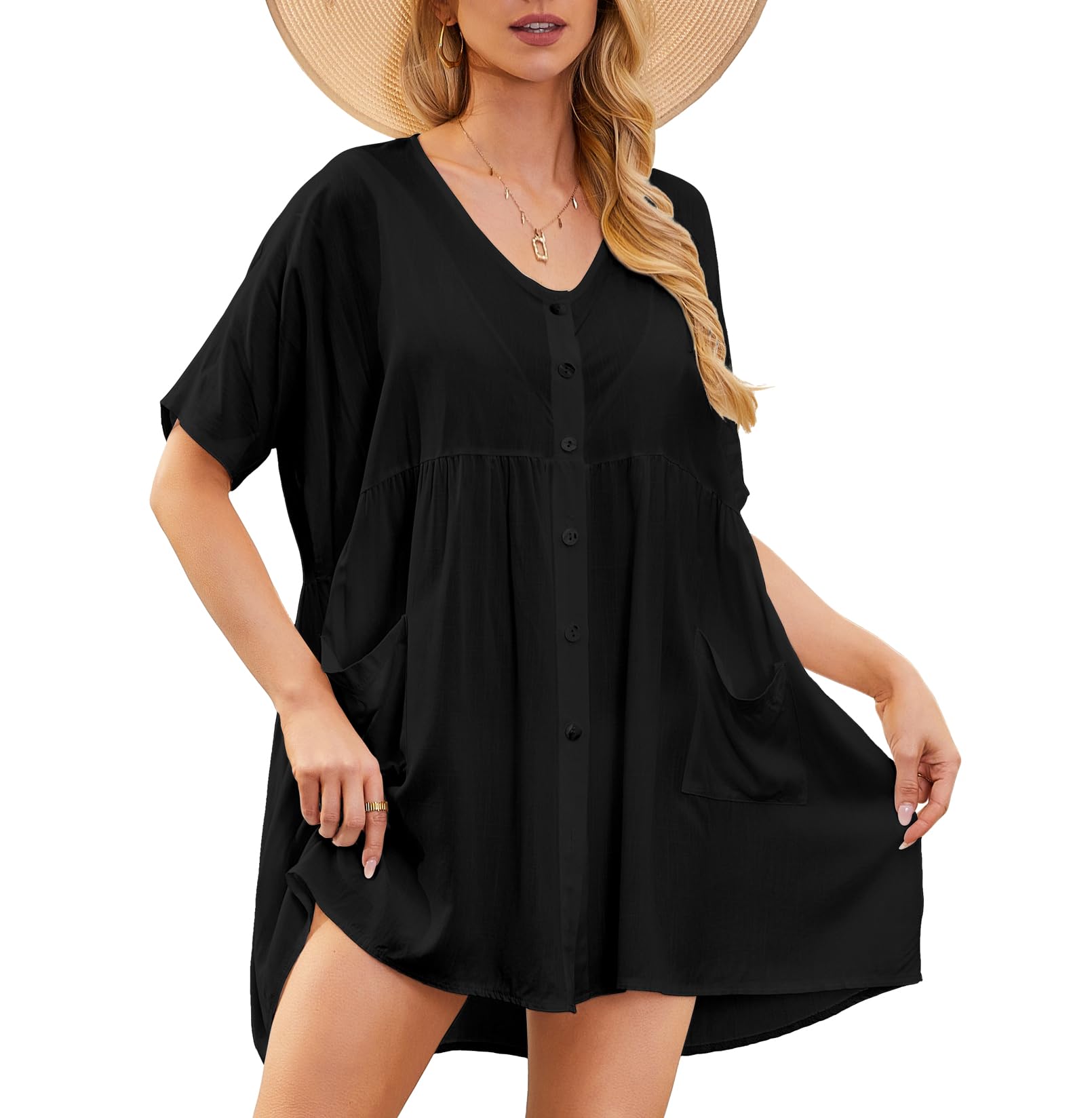 Women's V-Neck Beach Cover Up Dress - Lightweight Summer Swimwear Cover Up, Bikini Beachwear Dress in Black - Perfect for Poolside, Vacation & Beach Outings