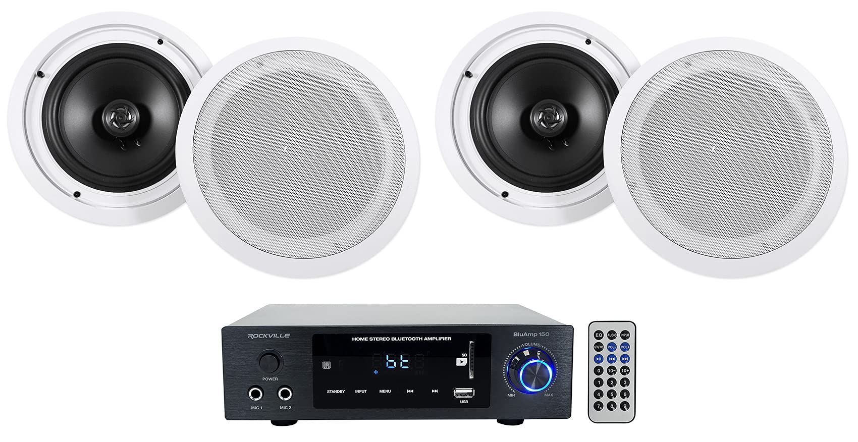 Rockville BLUAMP 150 Bluetooth Stereo Amplifier Receiver with Optical/Phono/RCA Inputs & 4x Rockville HC85 8