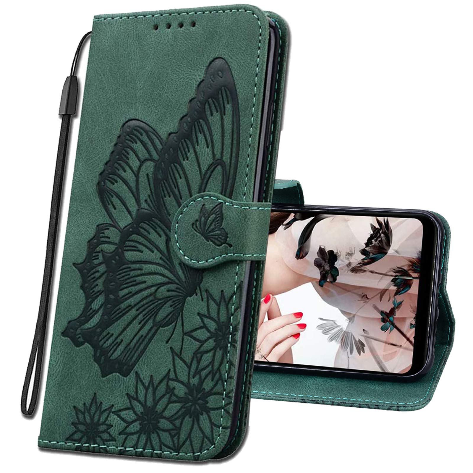 Premium Slim Leather Flip Wallet Case for Samsung Galaxy S9 - Magnetic Closure with Card Holder | Butterfly Green CY3 | Protective Cover for Everyday Use & Travel