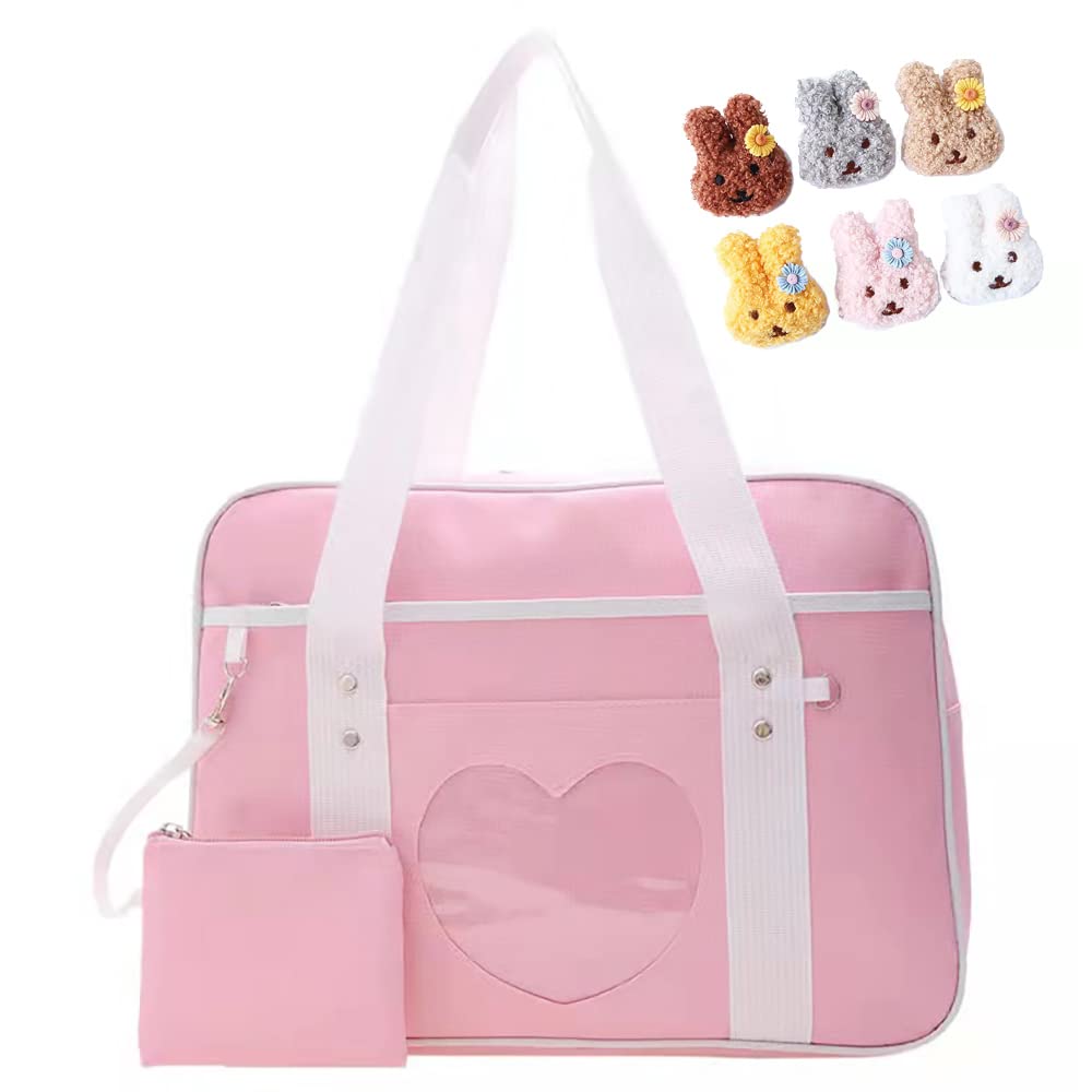 Cute Heart Kawaii Shoulder Bag for Women - Japanese Style School Backpack with Rabbit Pin Doll & Matching Wallet - Perfect for Laptop, College, Anime Cosplay & Daily Use