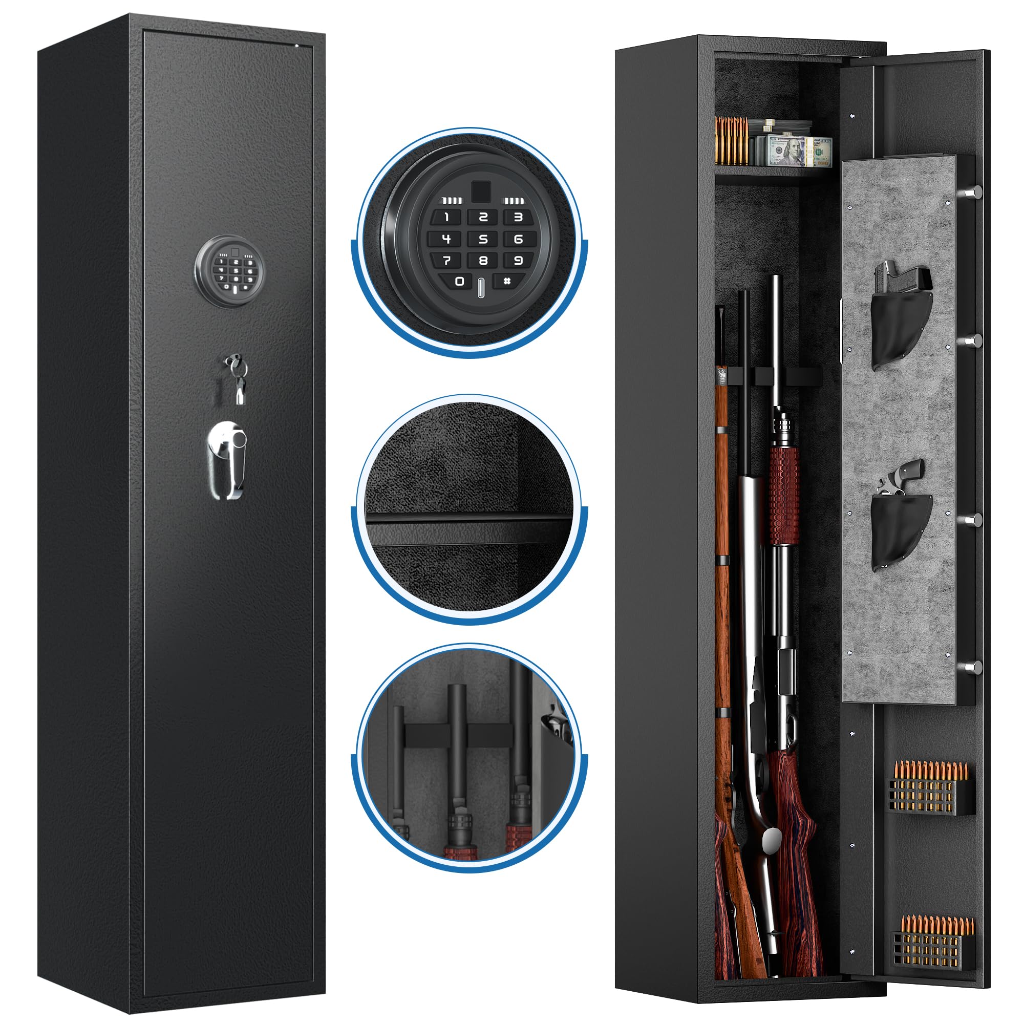 Digital Keypad Gun Safe for Rifles & Pistols - Quick Access 4-5 Long Guns & 2 Handguns with LED Light & Alarm System, Removable Shelf - Secure Firearm Storage for Home, Office, or Hunting Cabin