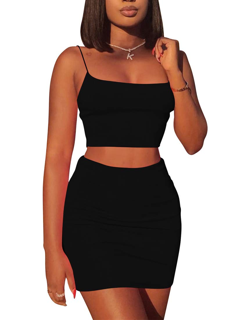 Kaximil Women's Summer 2 Piece Outfit - Sexy Cami Crop Top & Bodycon Skirt Mini Club Dress for Night Out, Party, Date Night & Beach Vacation