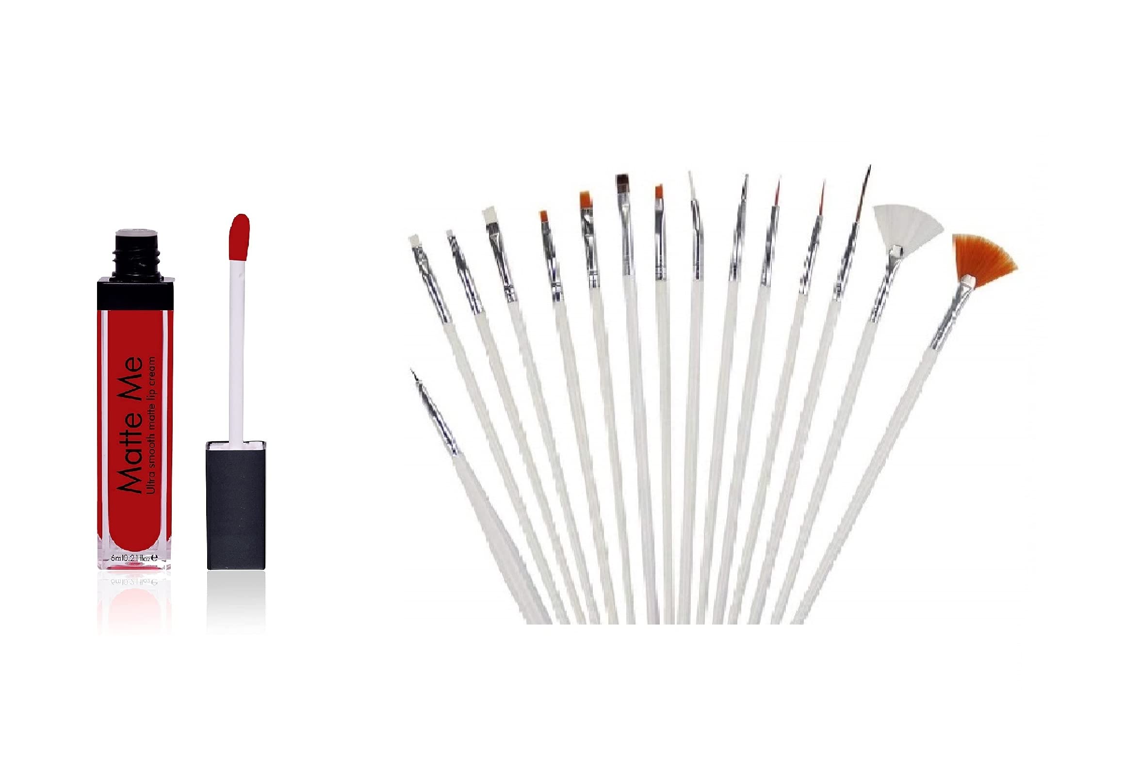 Matte Red Liquid Lipstick - Long Lasting & Waterproof, 15-in-1 Nail Art Brush Set for Professional Makeup - Perfect for Parties, Weddings & Daily Wear