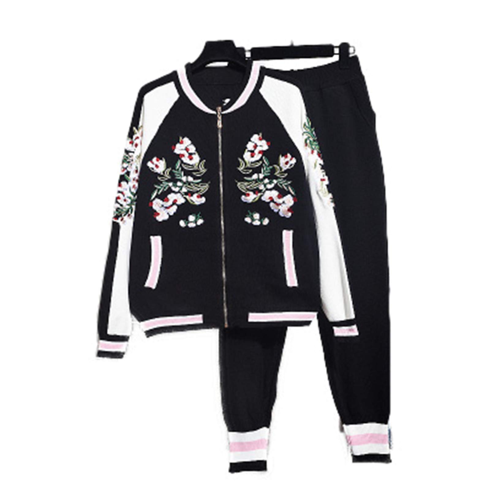 Women's Autumn Floral Embroidered Knit Cardigan & Long Pants Tracksuit Set - Cozy Two-Piece Outfit for Fall Fashion, Casual Wear, and Outdoor Activities