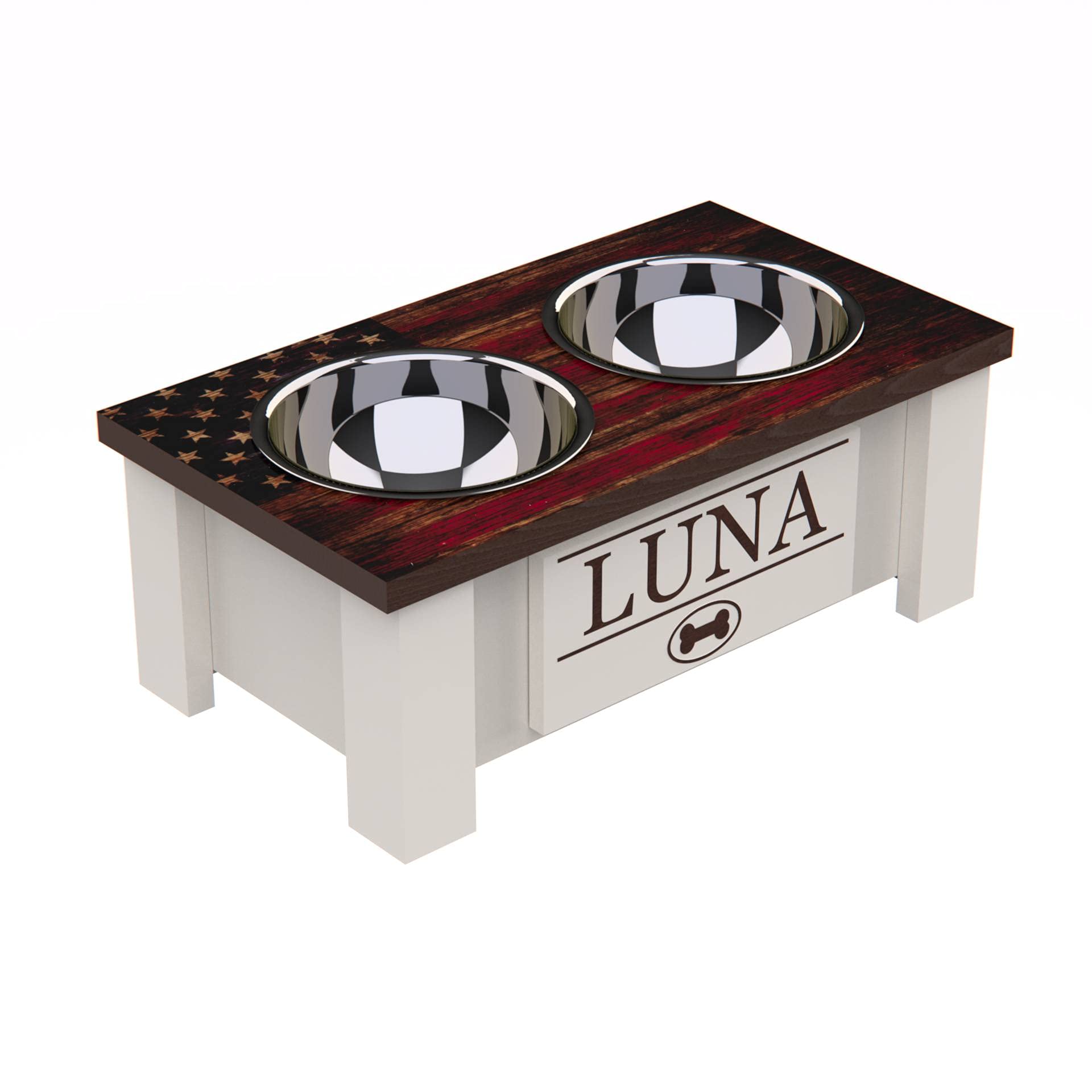 Personalized Elevated Dog Bowl Stand for Large, Medium, Small & X-Small Dogs - Stainless Steel Pet Food & Water Bowls with Internal Storage - Raised Feeder for Better Digestion (Small, Flag Design) - Perfect for Kitchen, Living Room or Outdoor Use