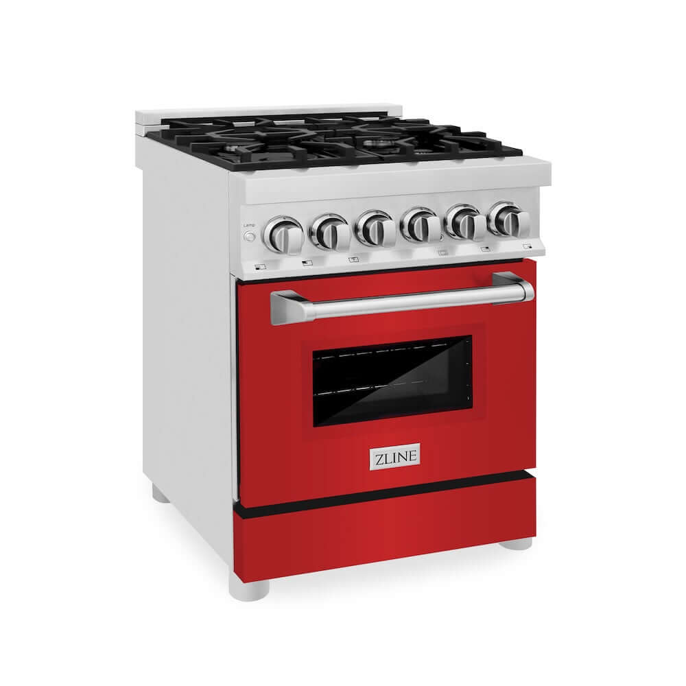 ZLINE 24 Inch 2.8 Cu. Ft. Dual Fuel Range with 4 Burner Gas Cooktop & Electric Convection Oven - Stainless Steel with Red Matte Door (RA RM 24) | Perfect for Modern Kitchens & Professional Cooking