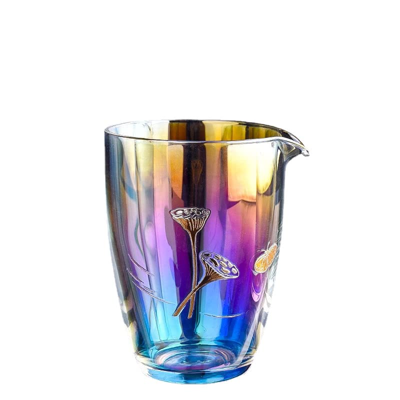 Premium Golden Tea Dispenser with Colorful Lotus Design - Heat-Resistant Glass Teapot for Chinese Kung Fu Tea Ceremony, Home Brewing & Office Use - Elegant Tea Pourer & Justice Cup Set