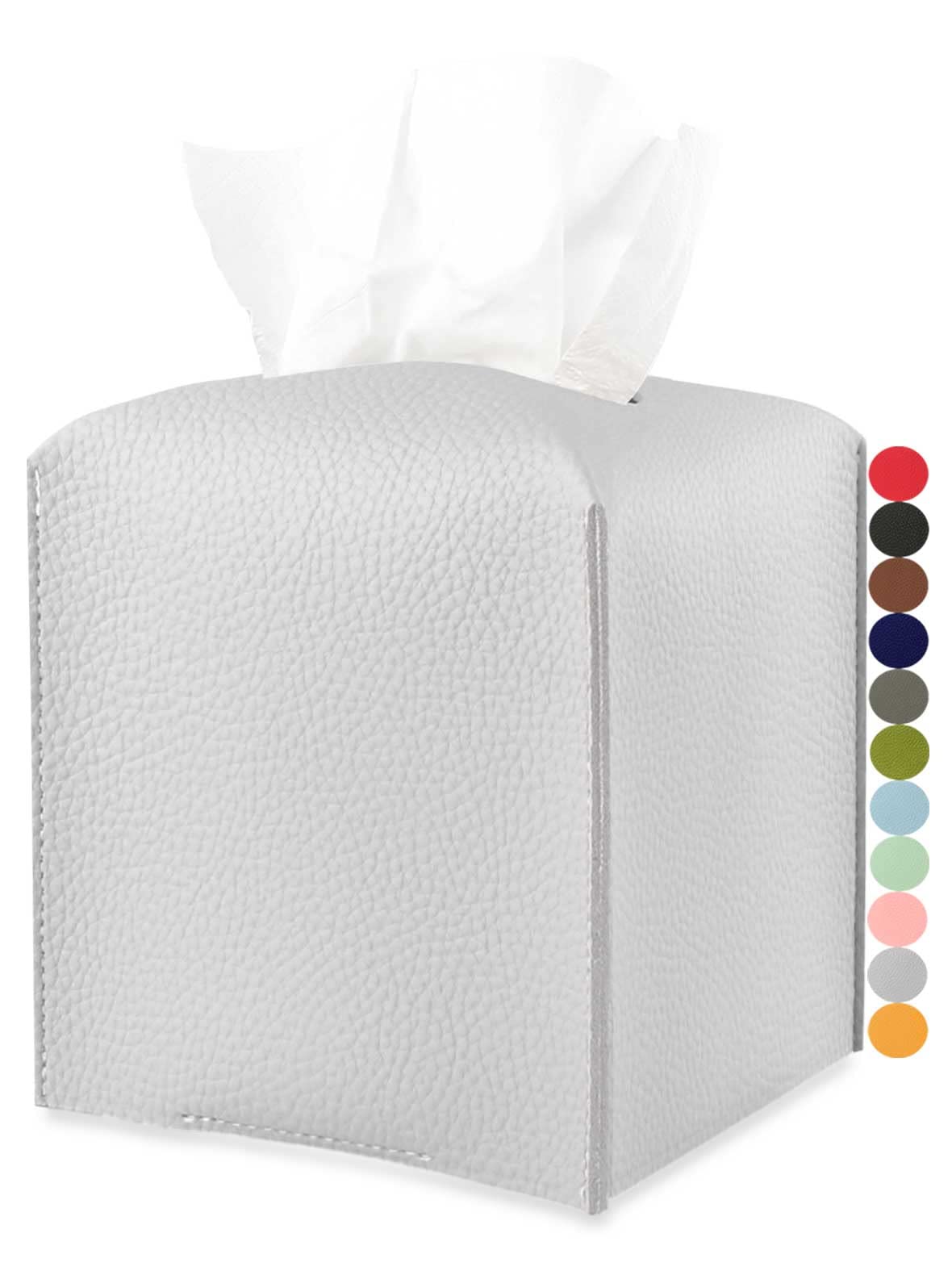 Premium Leather Tissue Box Cover with Bottom Belt - JESMINI Light Gray Decorative Cube Box for Bathroom Vanity, Nightstand & Office Desk | Elegant Home & Office Decor Accessory