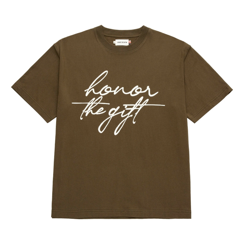 HONOR THE GIFT HTG Script Short Sleeve T-Shirt - Olive Green Casual Streetwear Top for Men | Perfect for Everyday Wear, Gym & Outings