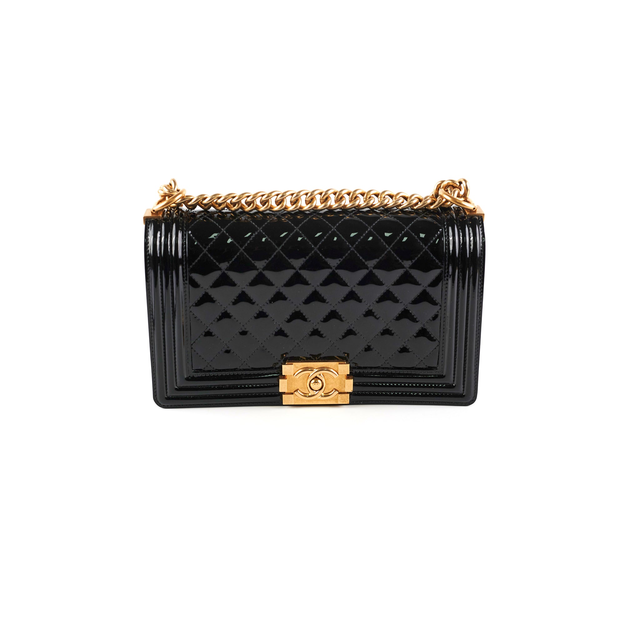 Chanel Old Medium Boy Bag Patent Leather Black - Luxury Designer Handbag for Women, Perfect for Evening Parties & Special Occasions