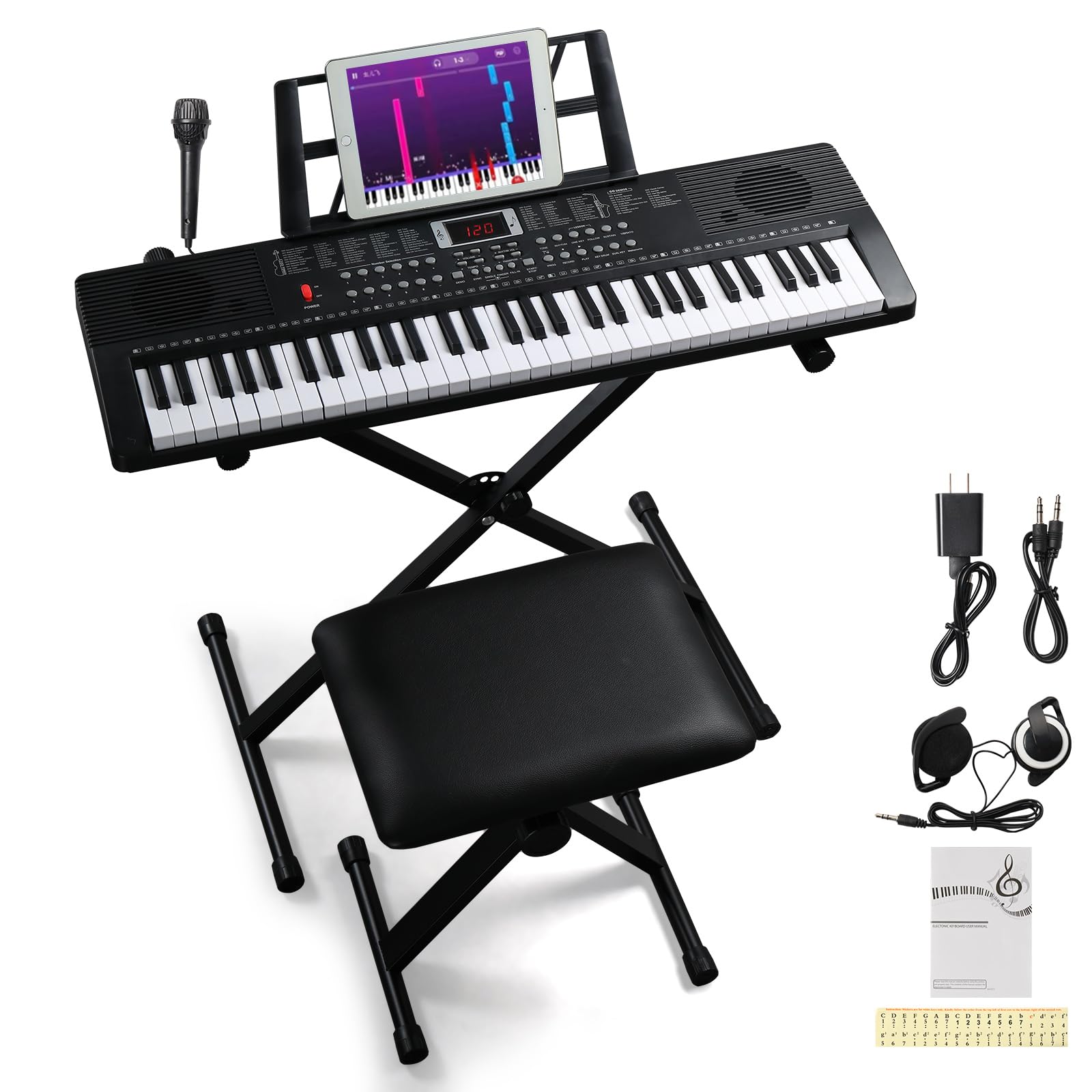 Ktaxon 61-Key Portable Electronic Keyboard Piano with X-Stand, Adjustable Stool, Music Rest, Headphones & Microphone - Ideal for Kids & Beginners - Perfect for Home Practice, Music Lessons & Performances