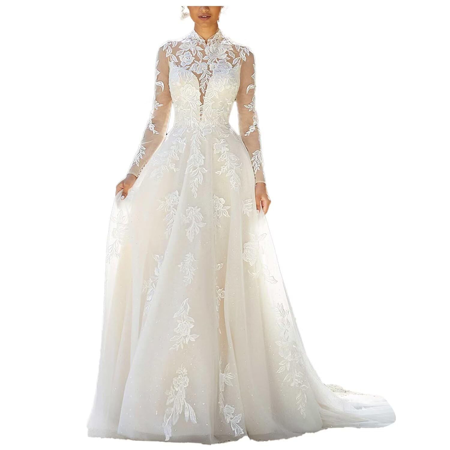 Elegant Long Sleeve High Neck Lace Wedding Dress for Bride - A-Line Tulle Gown with Train & Applique Details | Perfect for Church, Beach, and Formal Wedding Ceremonies
