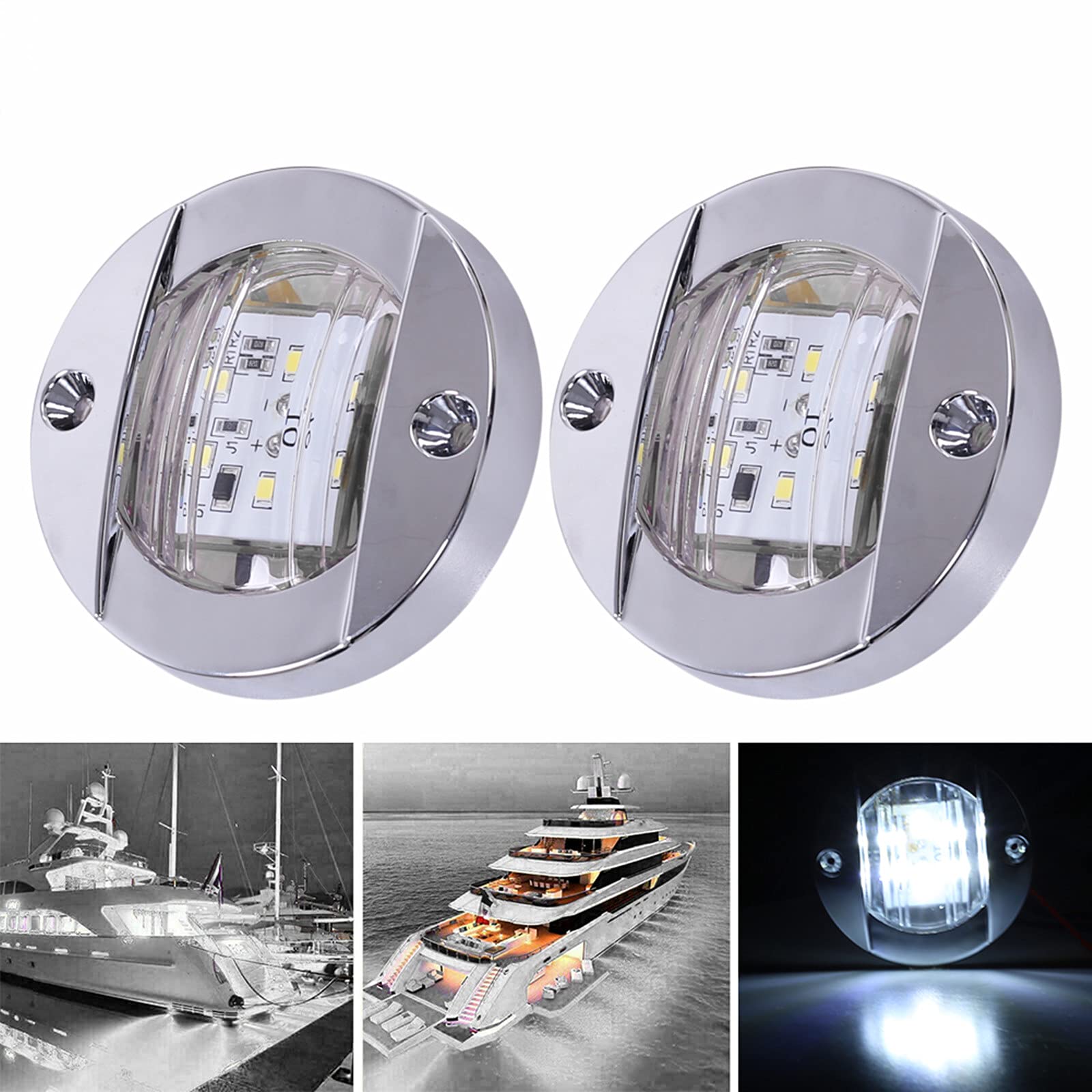 4Pcs 3 Inch Round Chrome Marine LED Navigation Lights - IP67 Waterproof Boat Stern Lights, 12V White LED Transom Mount with Clear Lens (6-2835-SMD) - Perfect for Boats, Yachts, and Marine Vessels